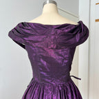 1980s Purple Lame Cocktail Dress-Metallic Cotton Blend Pleated Gown Off Shoulder