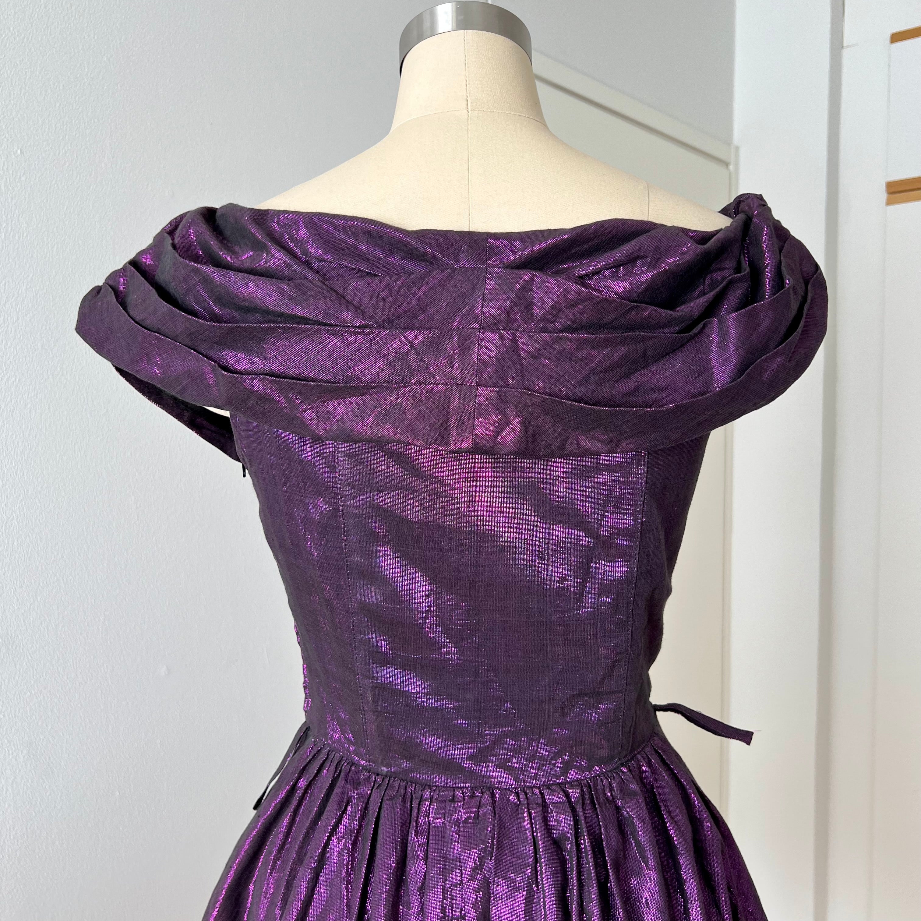 1980s Purple Lame Cocktail Dress-Metallic Cotton Blend Pleated Gown Off Shoulder