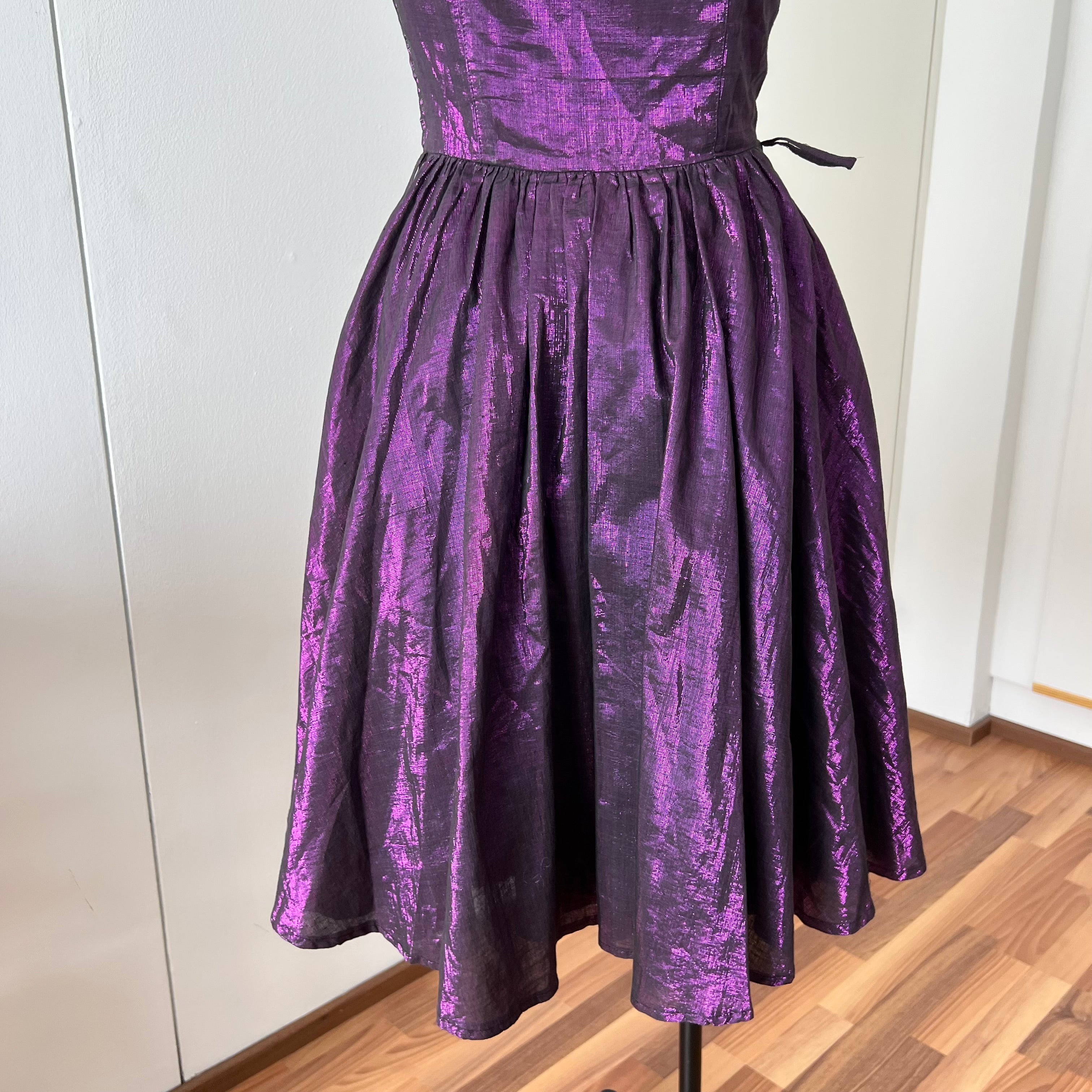 1980s Purple Lame Cocktail Dress-Metallic Cotton Blend Pleated Gown Off Shoulder