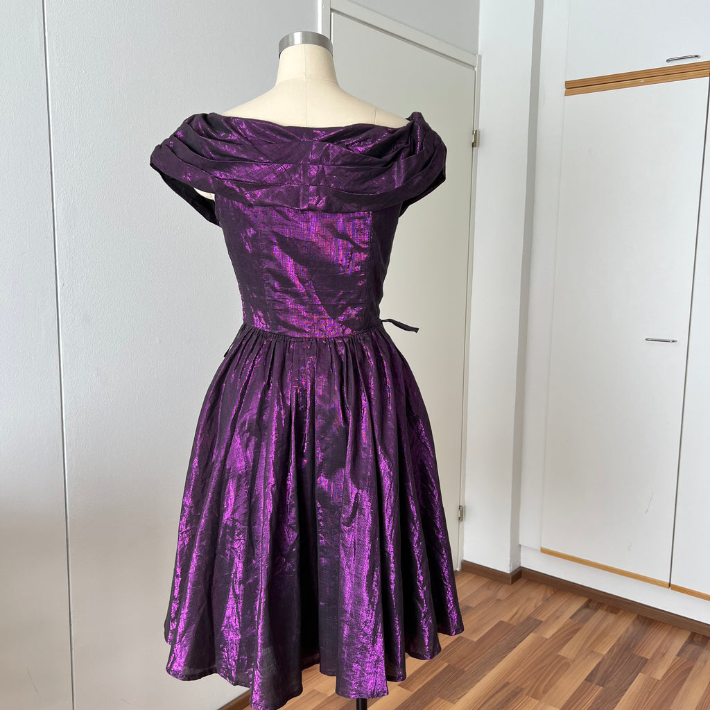 1980s Purple Lame Cocktail Dress-Metallic Cotton Blend Pleated Gown Off Shoulder