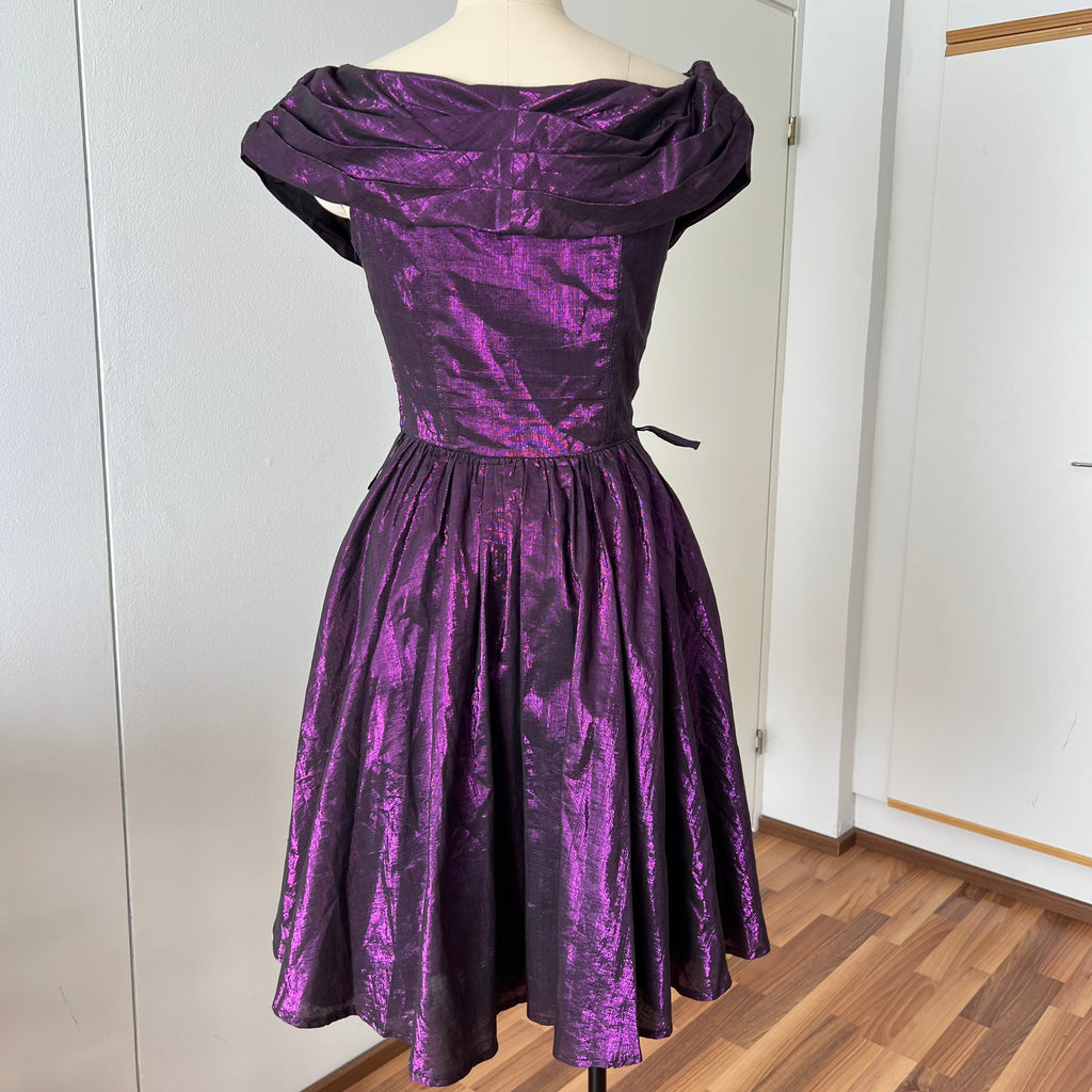 1980s Purple Lame Cocktail Dress-Metallic Cotton Blend Pleated Gown Off Shoulder