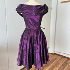1980s Purple Lame Cocktail Dress-Metallic Cotton Blend Pleated Gown Off Shoulder
