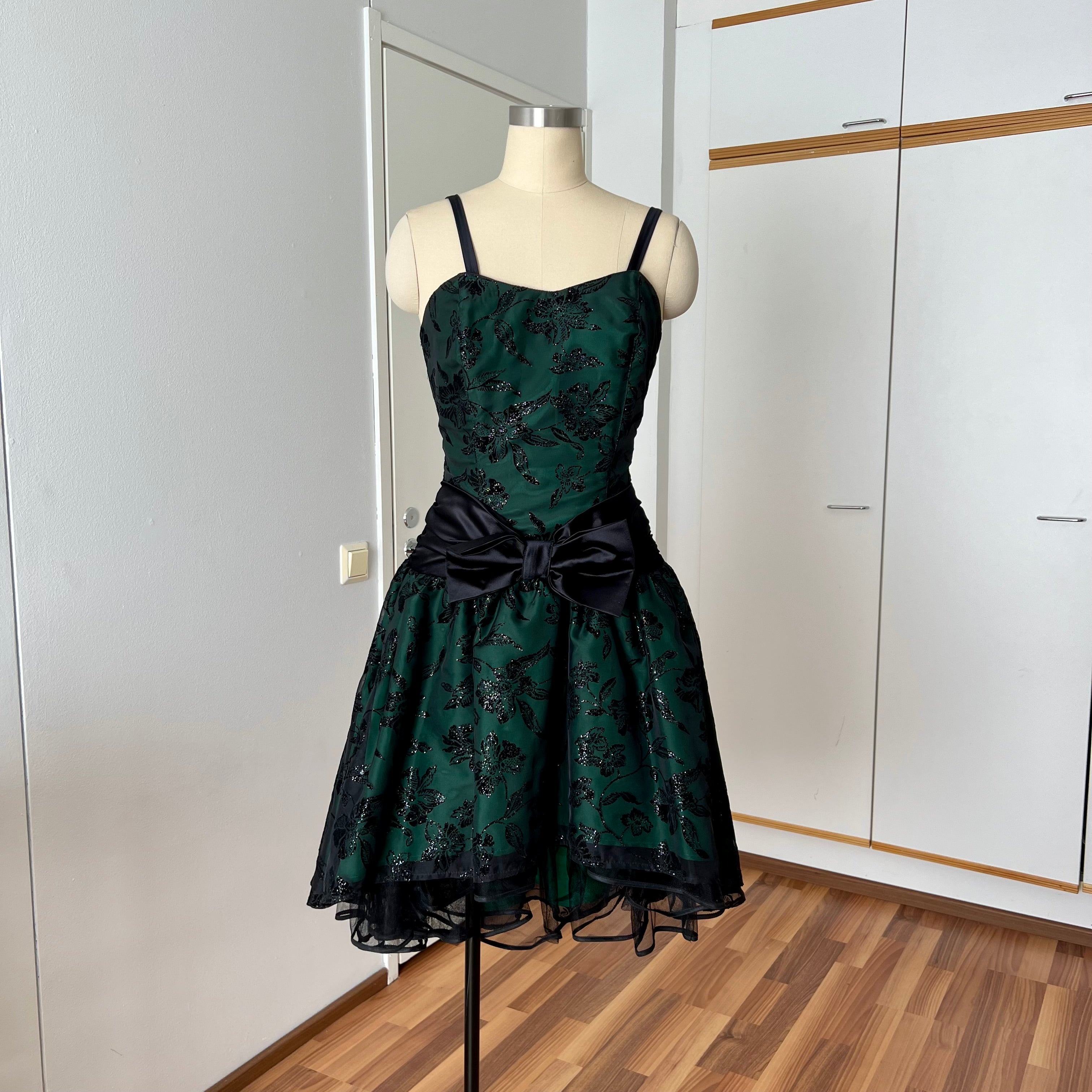 1980s Emerald Green Cocktail Dress-High Low Glitter Floral Party Dress