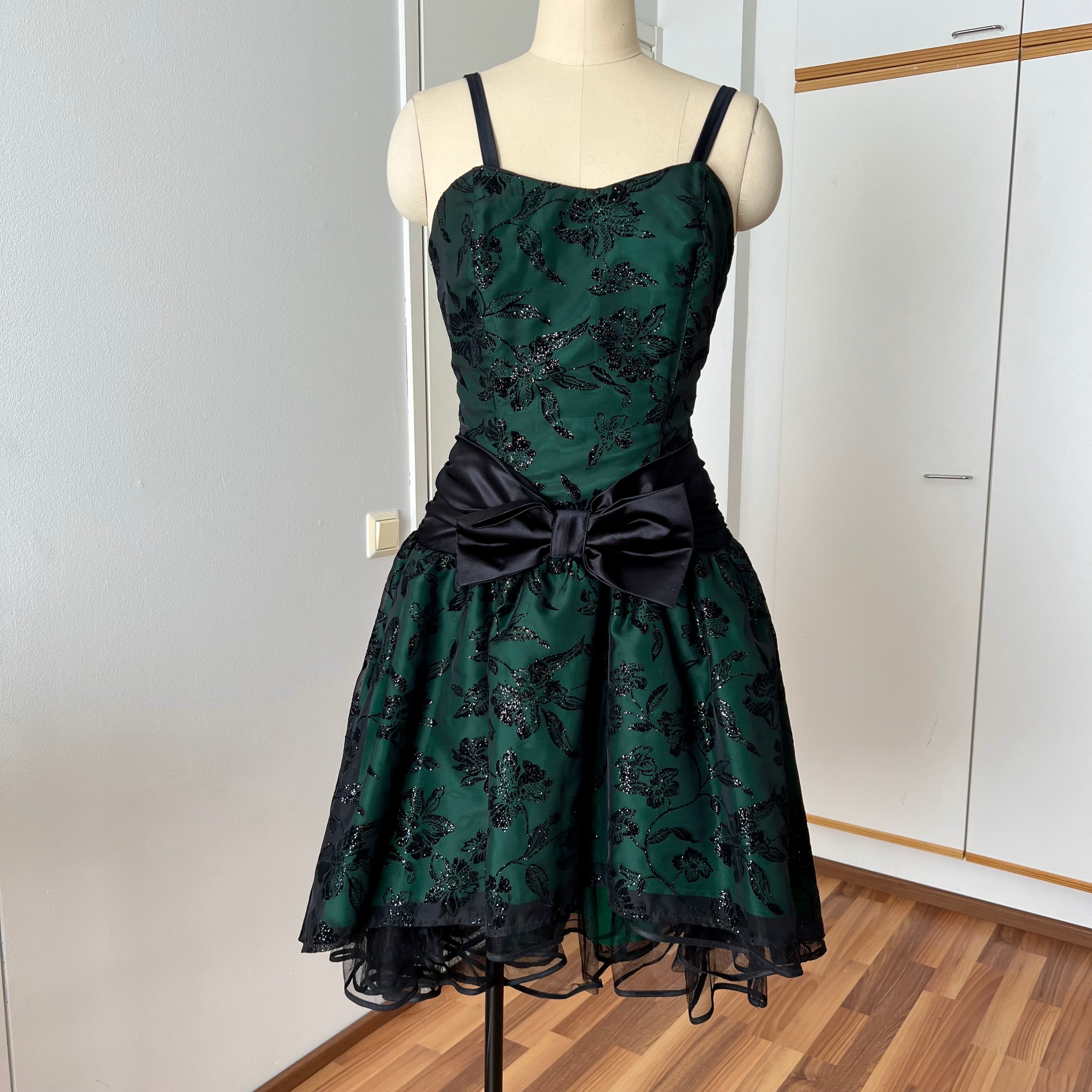 1980s Emerald Green Cocktail Dress-High Low Glitter Floral Party Dress-