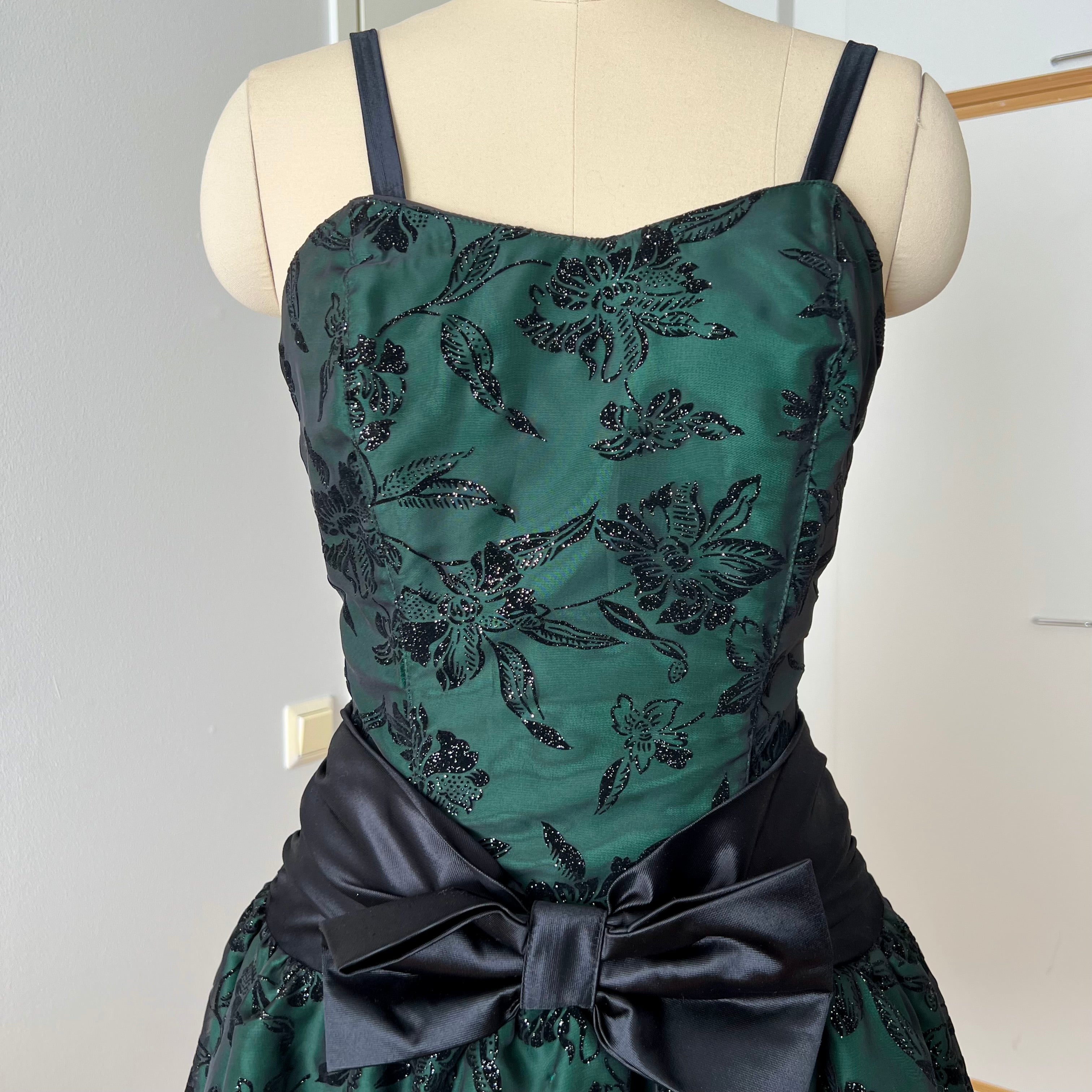 1980s Emerald Green Cocktail Dress-High Low Glitter Floral Party Dress – Nana's Vintage Shack