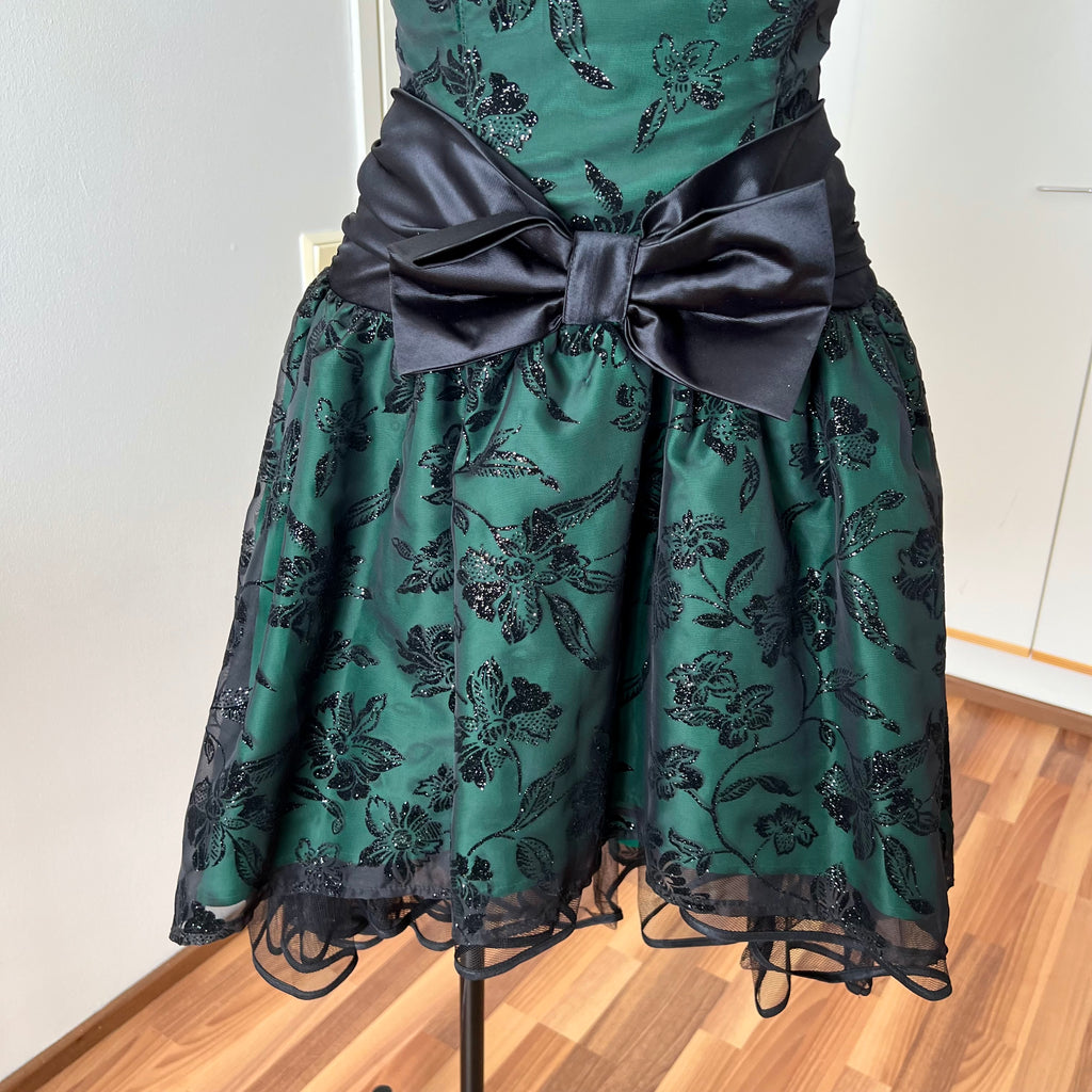 1980s Emerald Green Cocktail Dress-High Low Glitter Floral Party Dress-