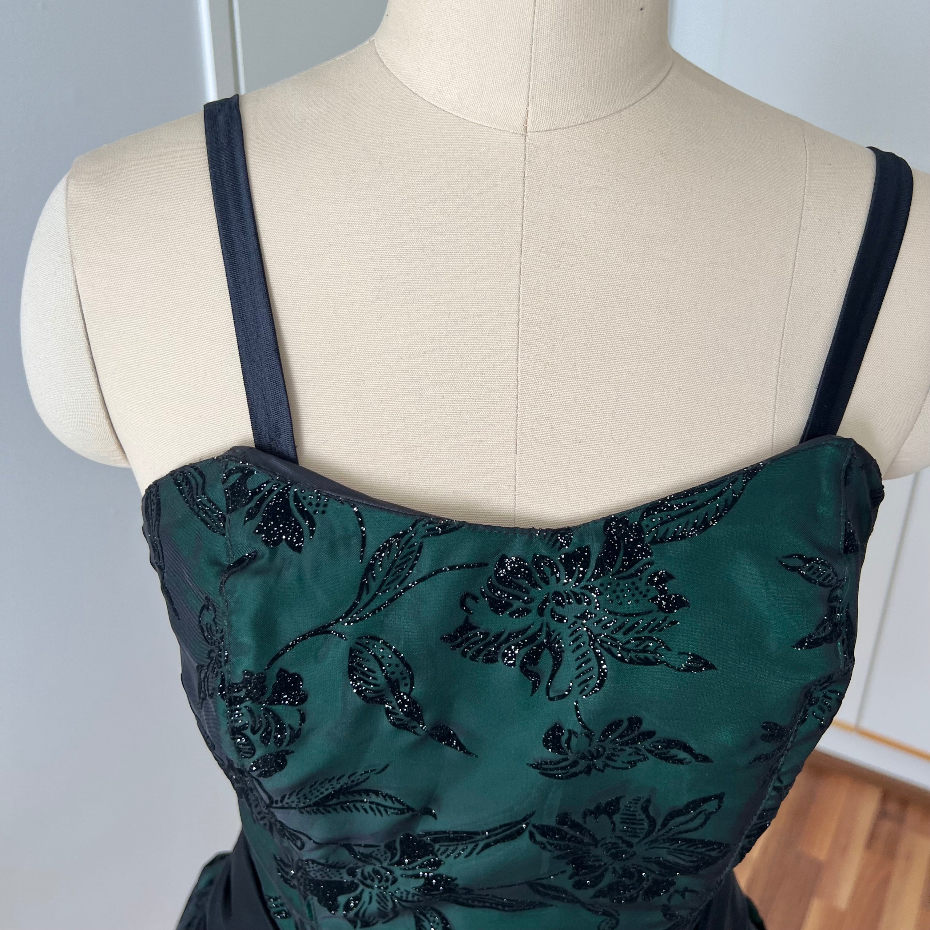 1980s Emerald Green Cocktail Dress-High Low Glitter Floral Party Dress-