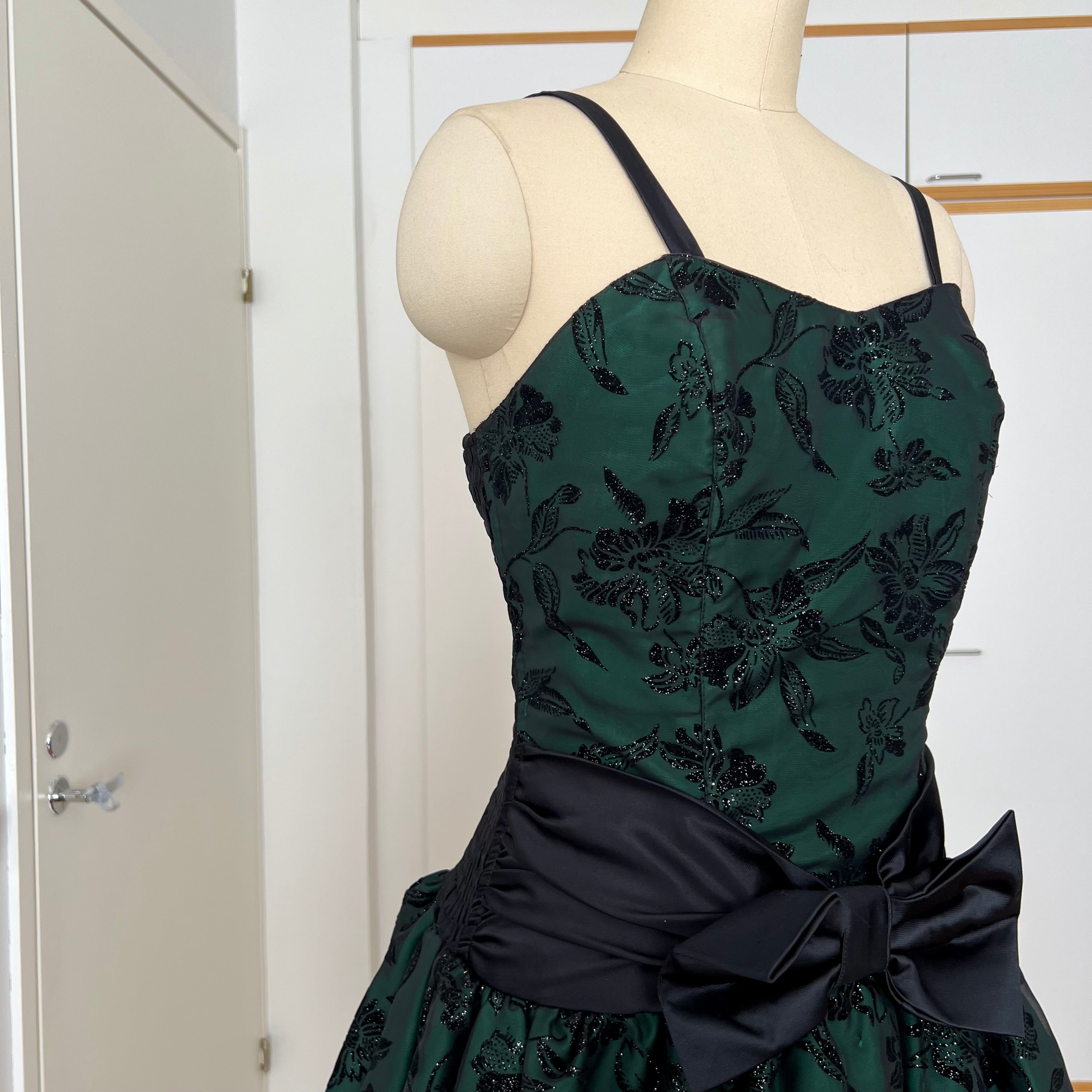 1980s Emerald Green Cocktail Dress-High Low Glitter Floral Party Dress-