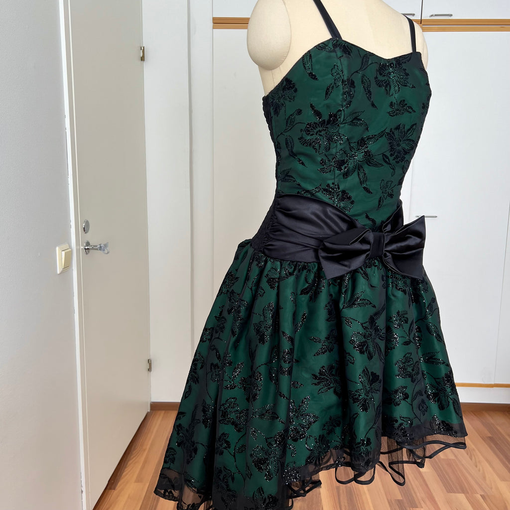 1980s Emerald Green Cocktail Dress-High Low Glitter Floral Party Dress-