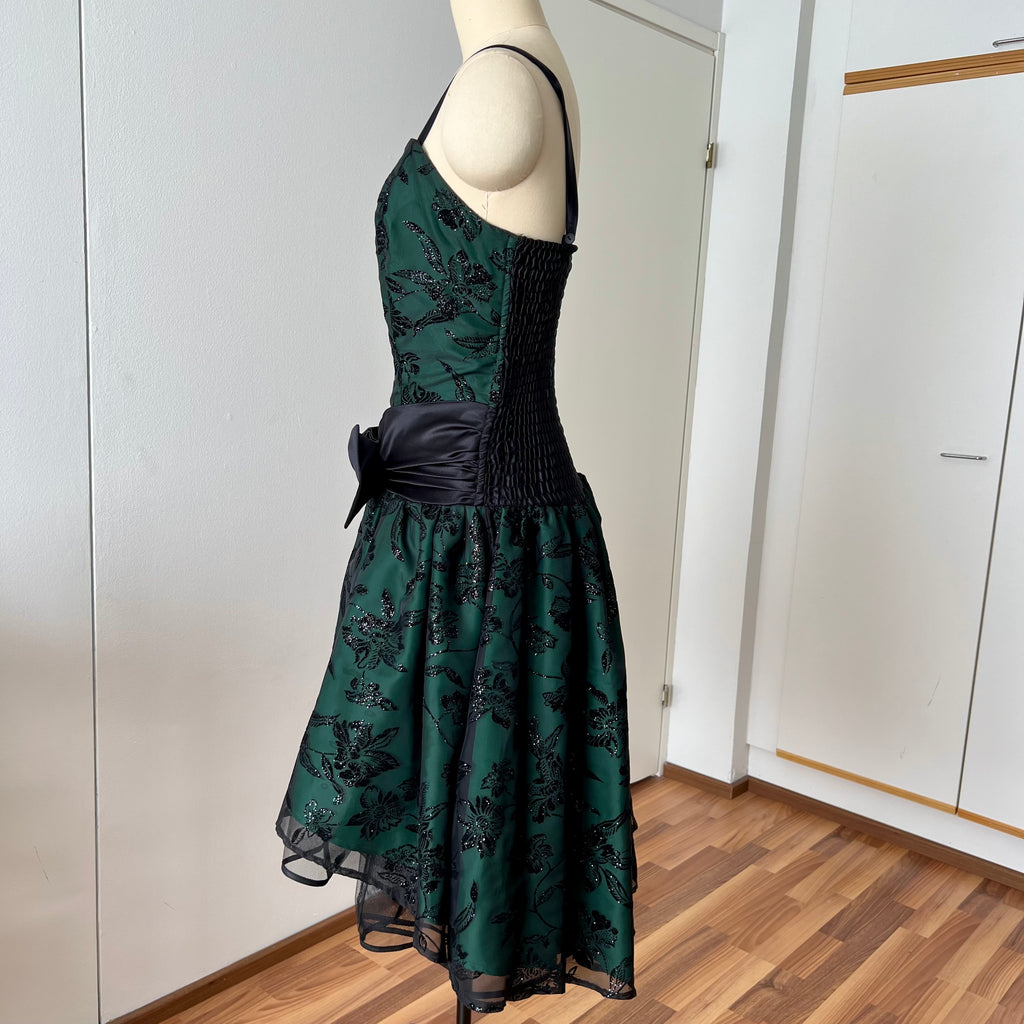 1980s Emerald Green Cocktail Dress-High Low Glitter Floral Party Dress-