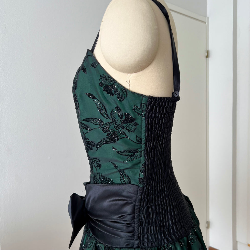 1980s Emerald Green Cocktail Dress-High Low Glitter Floral Party Dress-