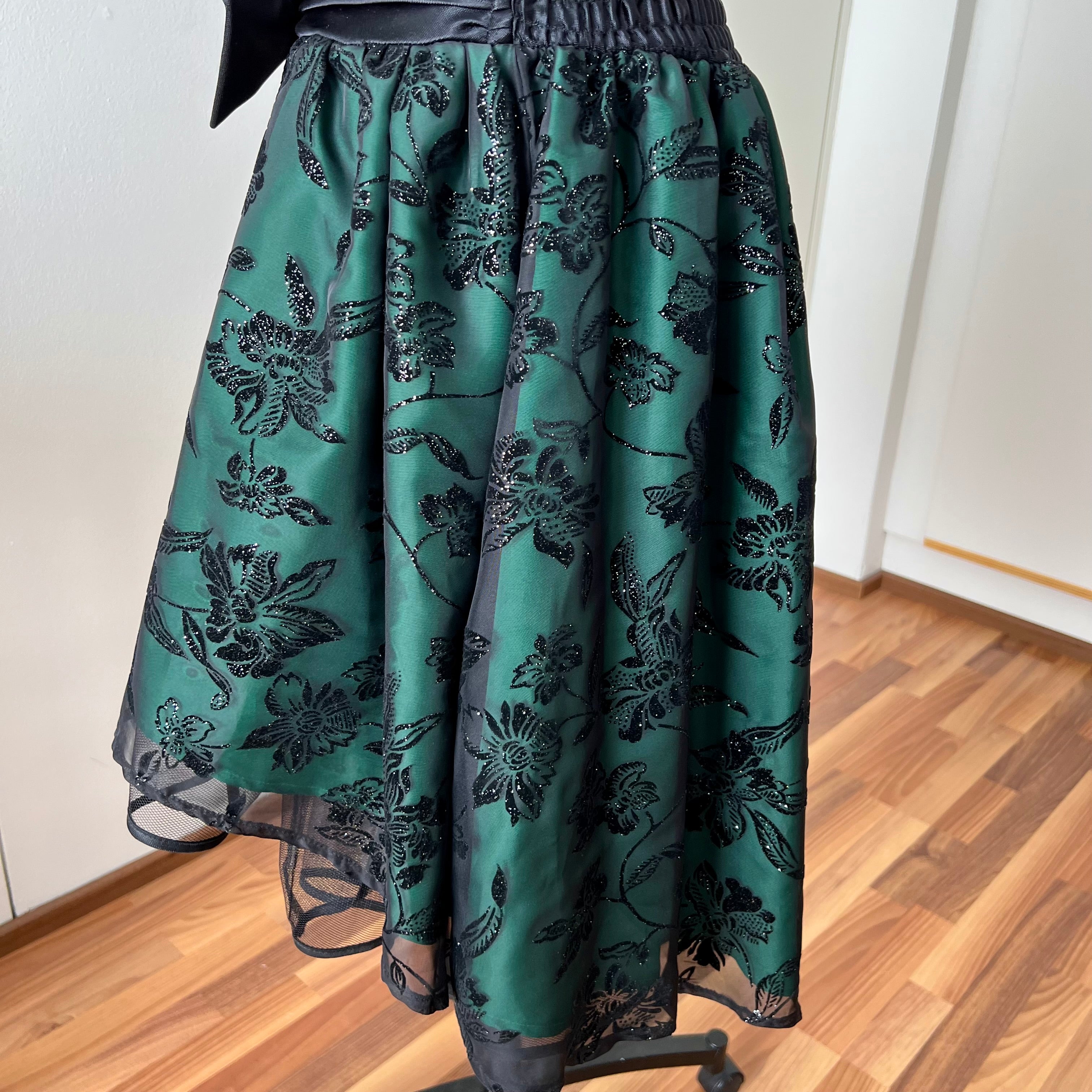 1980s Emerald Green Cocktail Dress-High Low Glitter Floral Party Dress-
