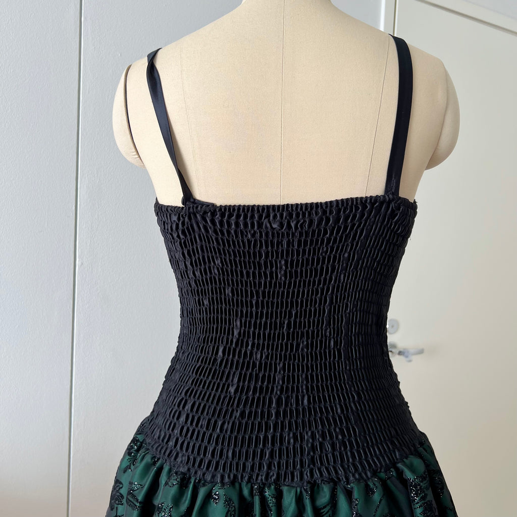 1980s Emerald Green Cocktail Dress-High Low Glitter Floral Party Dress-