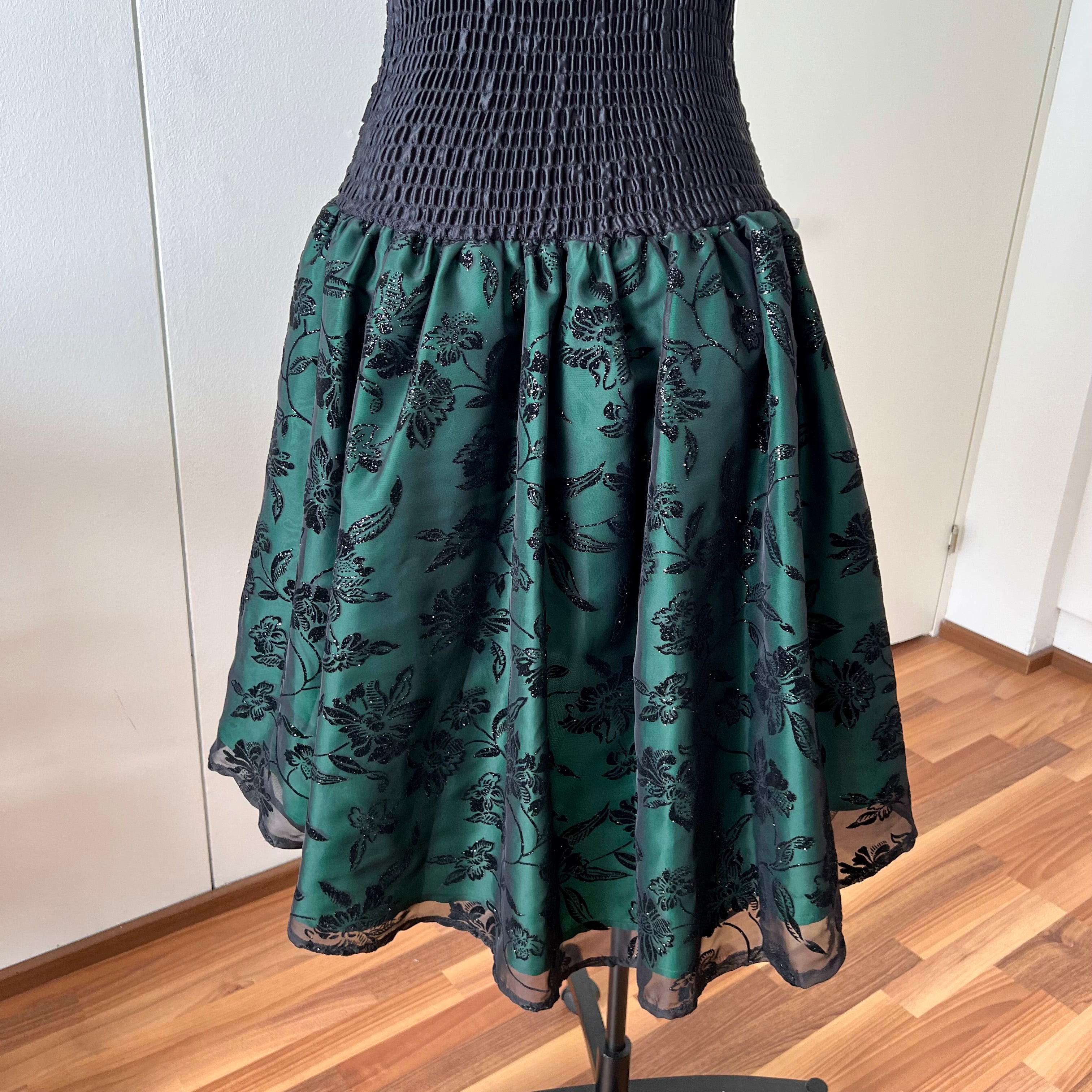 1980s Emerald Green Cocktail Dress-High Low Glitter Floral Party Dress-