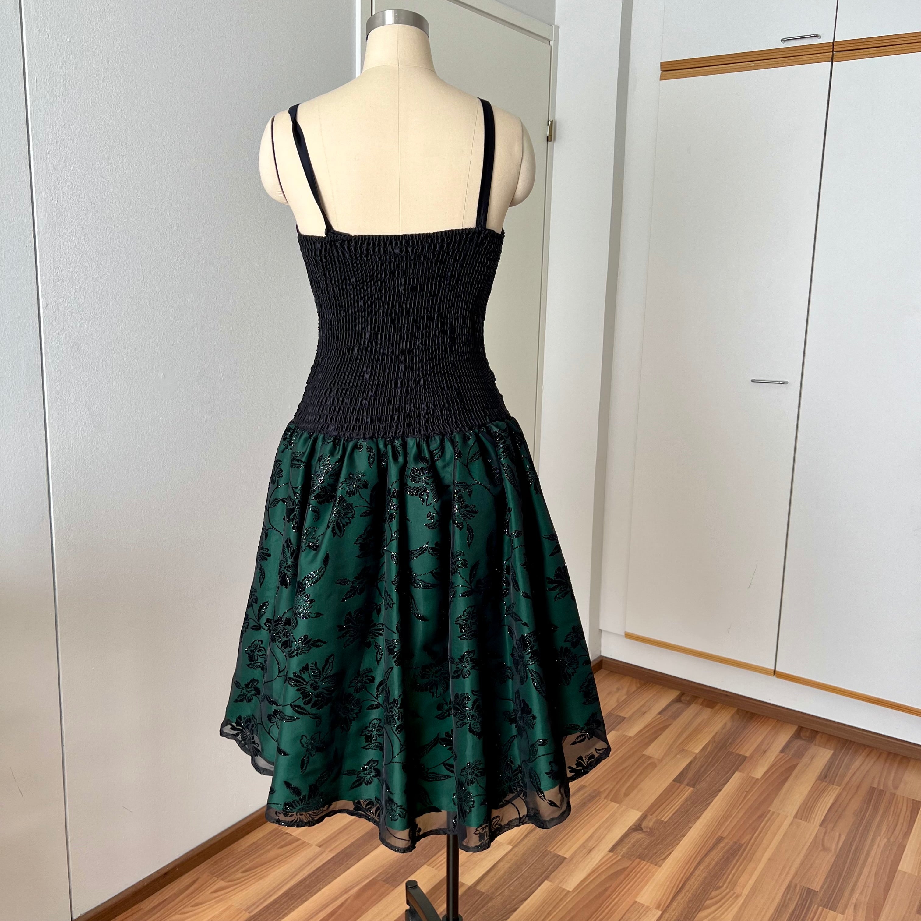 1980s Emerald Green Cocktail Dress-High Low Glitter Floral Party Dress-