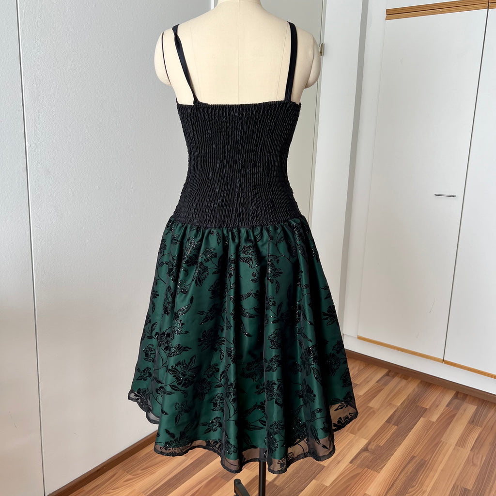1980s Emerald Green Cocktail Dress-High Low Glitter Floral Party Dress-