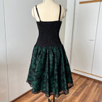 1980s Emerald Green Cocktail Dress-High Low Glitter Floral Party Dress-