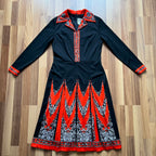 1970s Psychedelic Mod Midi Dress-Vintage Pointed Collar Long Sleeves Dress EU 42