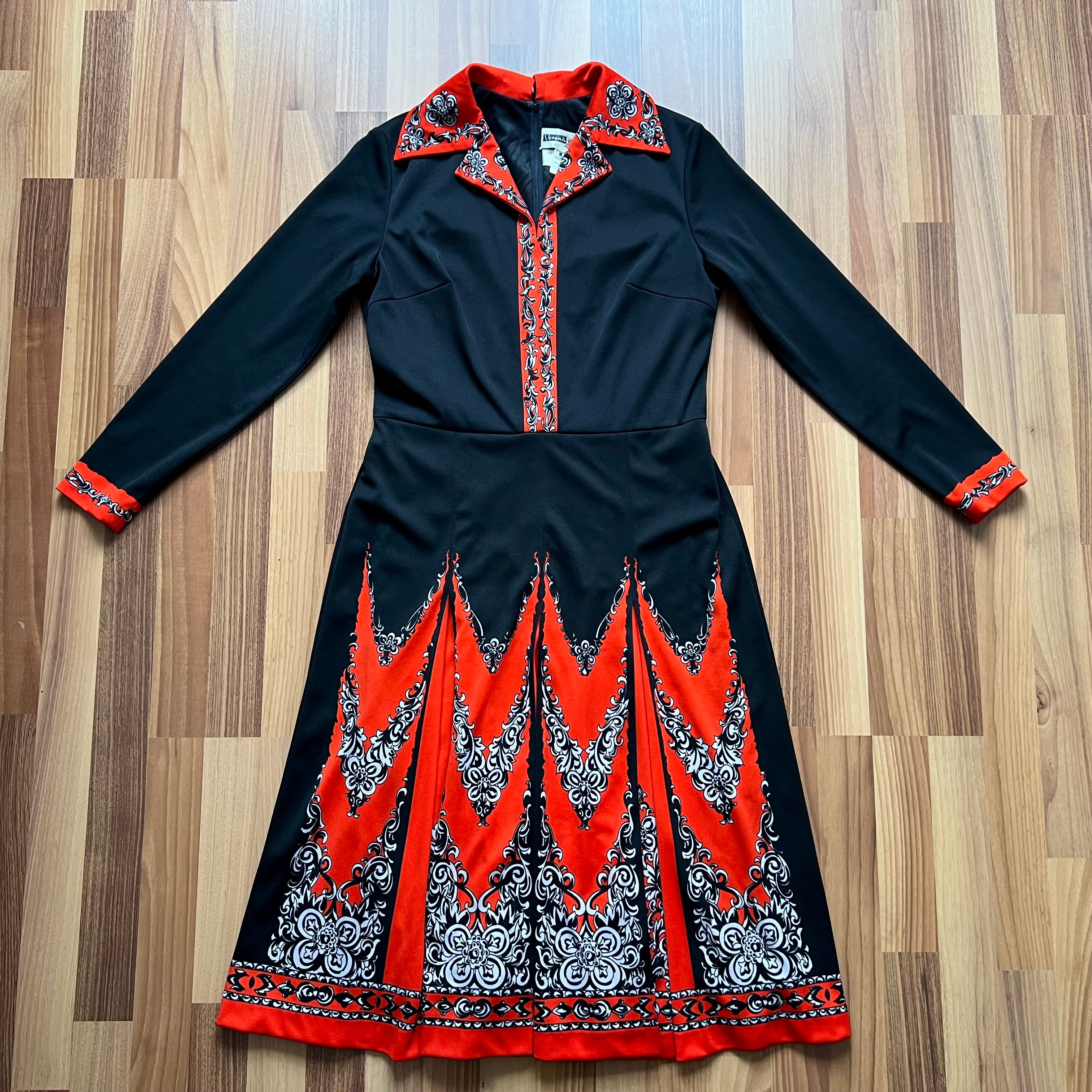 1970s Psychedelic Mod Midi Dress-Vintage Pointed Collar Long Sleeves Dress EU 42