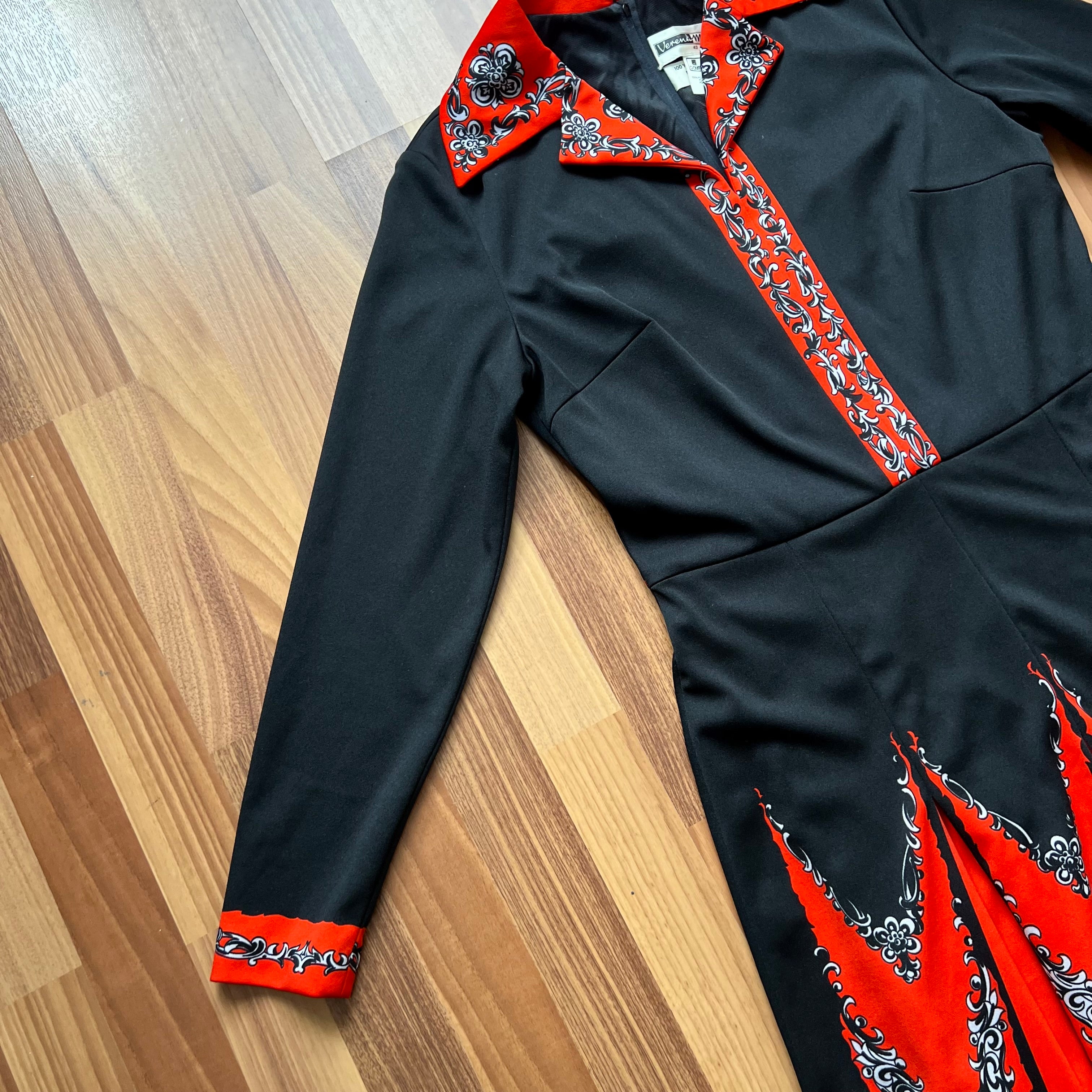 1970s Psychedelic Mod Midi Dress-Vintage Pointed Collar Long Sleeves Dress EU 42