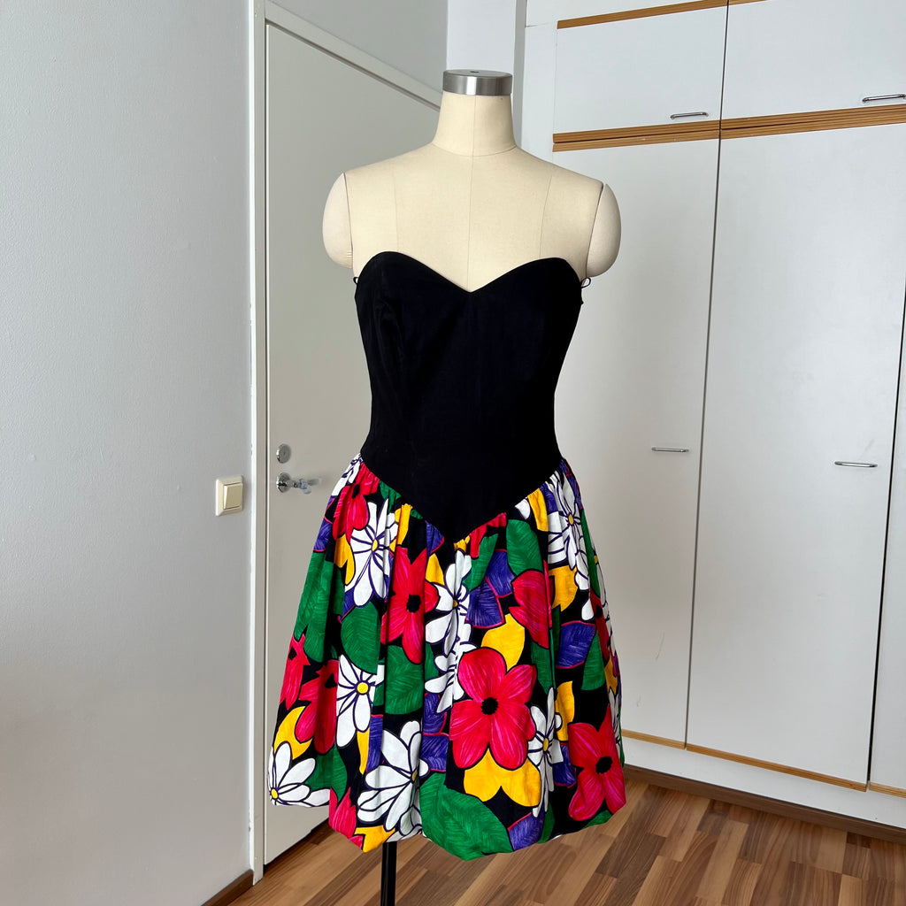 1980s AUGUSTAT Cotton Party Dress-Sweetheart Basque Waist Bubble Hem Dress