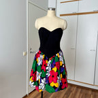 1980s AUGUSTAT Cotton Party Dress-Sweetheart Basque Waist Bubble Hem Dress