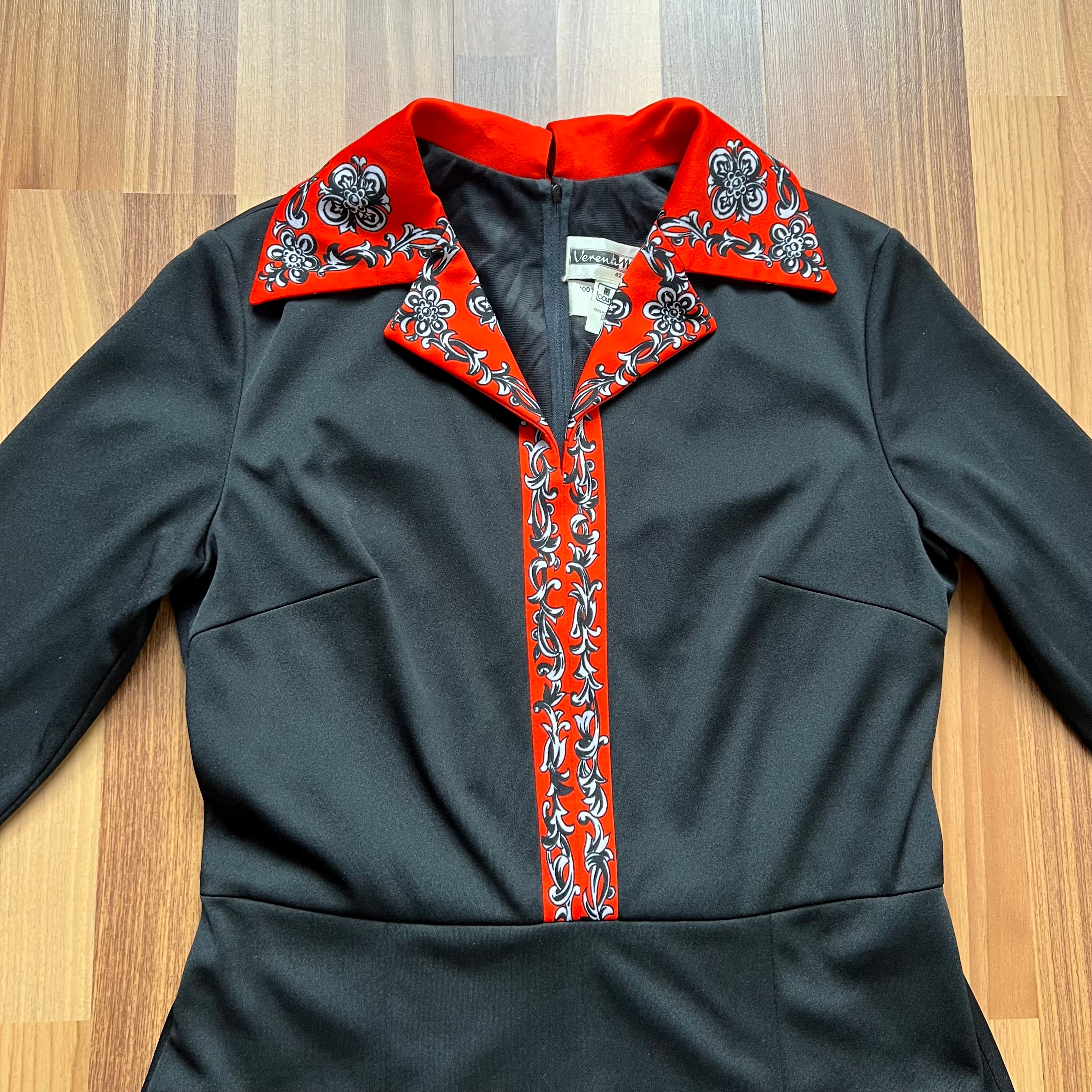 1970s Psychedelic Mod Midi Dress-Vintage Pointed Collar Long Sleeves Dress EU 42