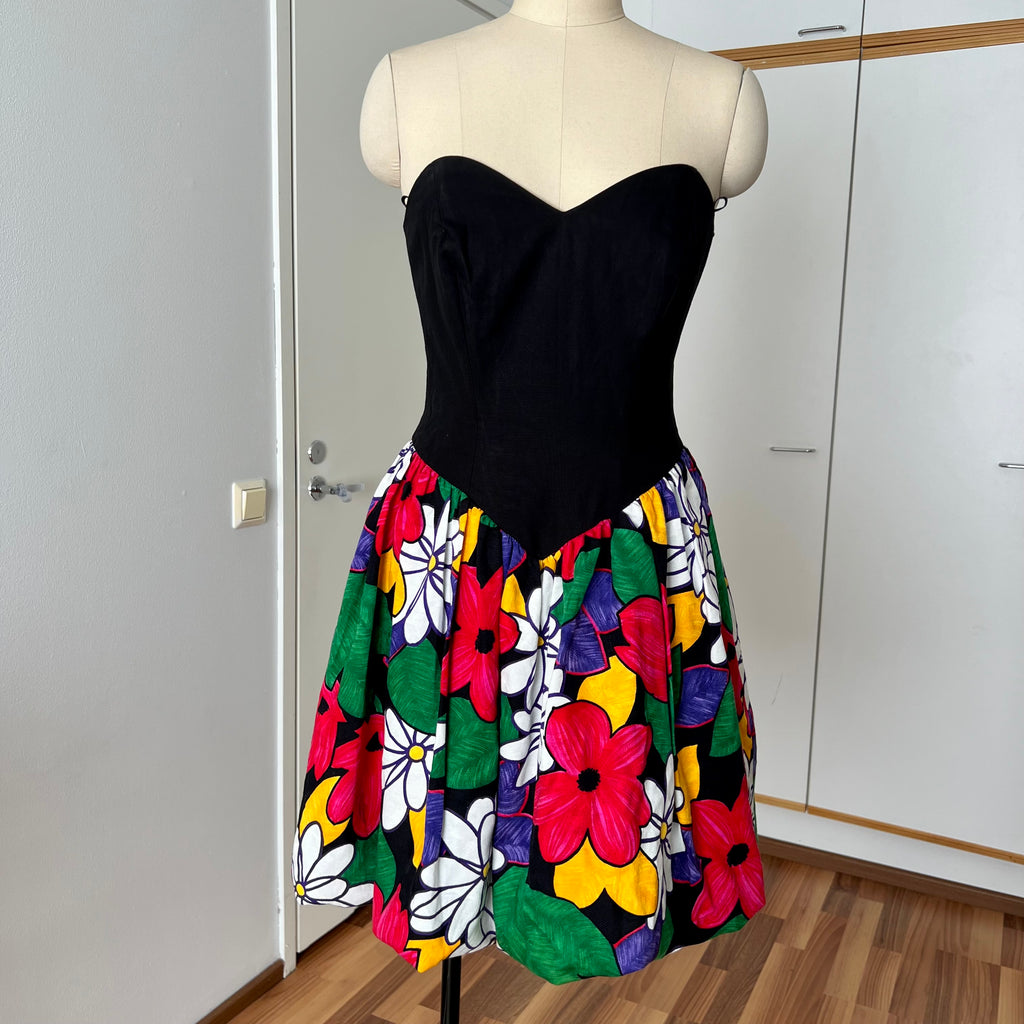 1980s AUGUSTAT Cotton Party Dress-Sweetheart Basque Waist Bubble Hem Dress