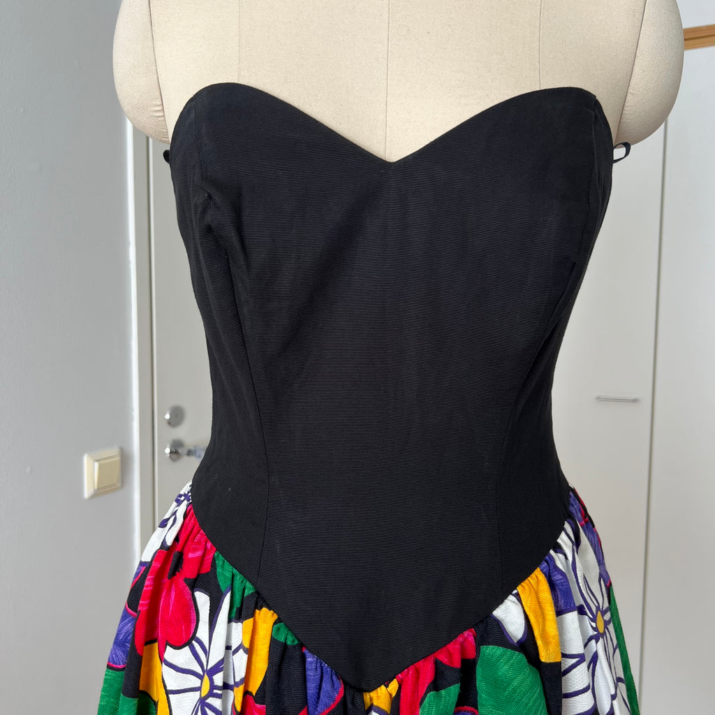 1980s AUGUSTAT Cotton Party Dress-Sweetheart Basque Waist Bubble Hem Dress