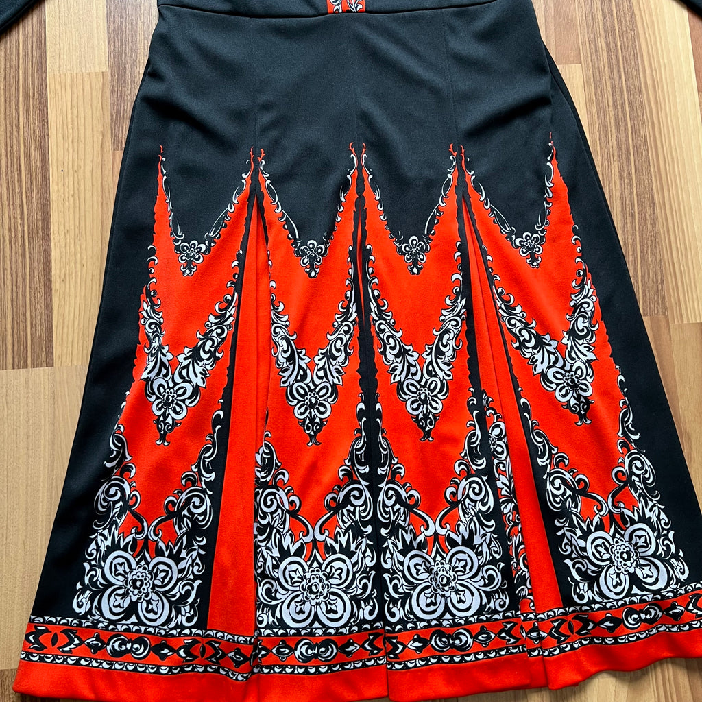 1970s Psychedelic Mod Midi Dress-Vintage Pointed Collar Long Sleeves Dress EU 42