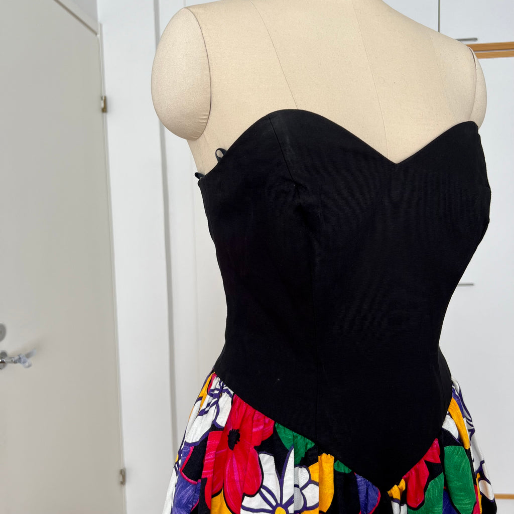 1980s AUGUSTAT Cotton Party Dress-Sweetheart Basque Waist Bubble Hem Dress
