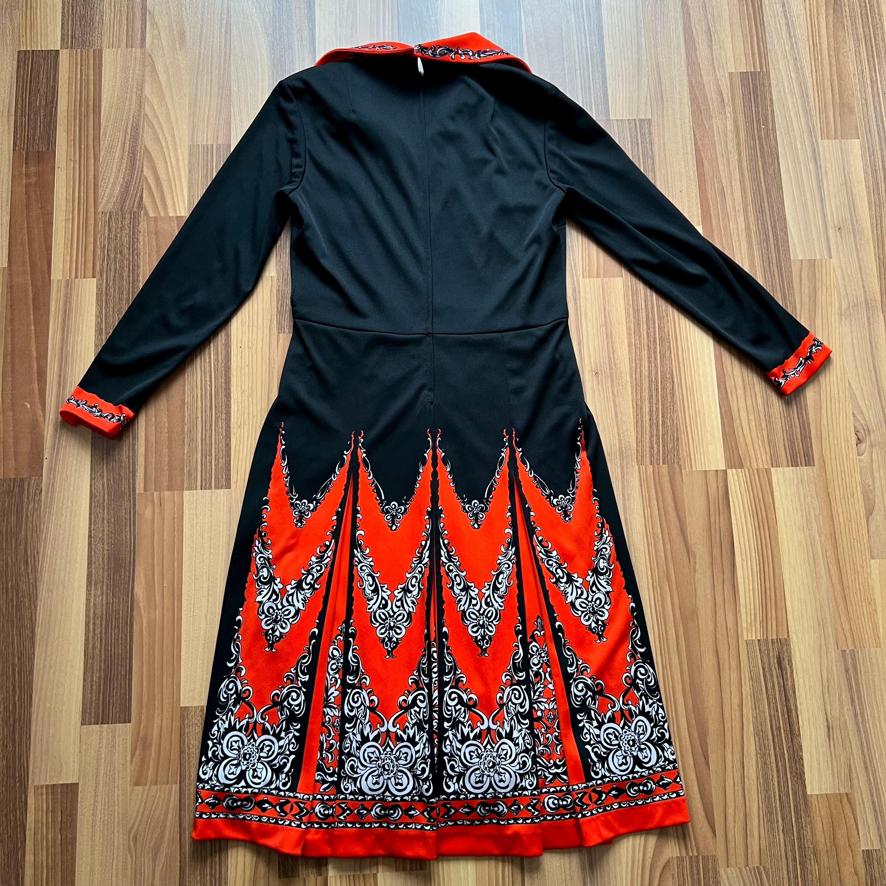 1970s Psychedelic Mod Midi Dress-Vintage Pointed Collar Long Sleeves Dress EU 42