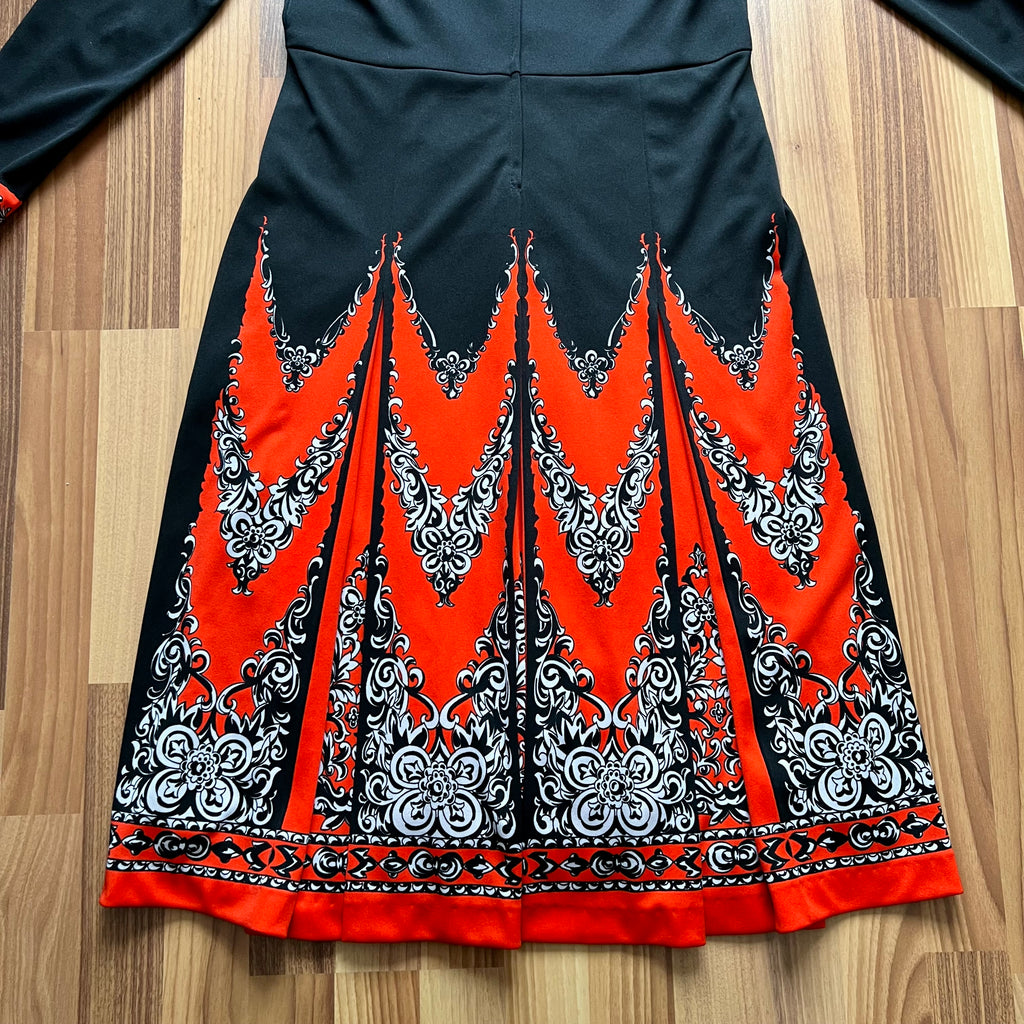 1970s Psychedelic Mod Midi Dress-Vintage Pointed Collar Long Sleeves Dress EU 42