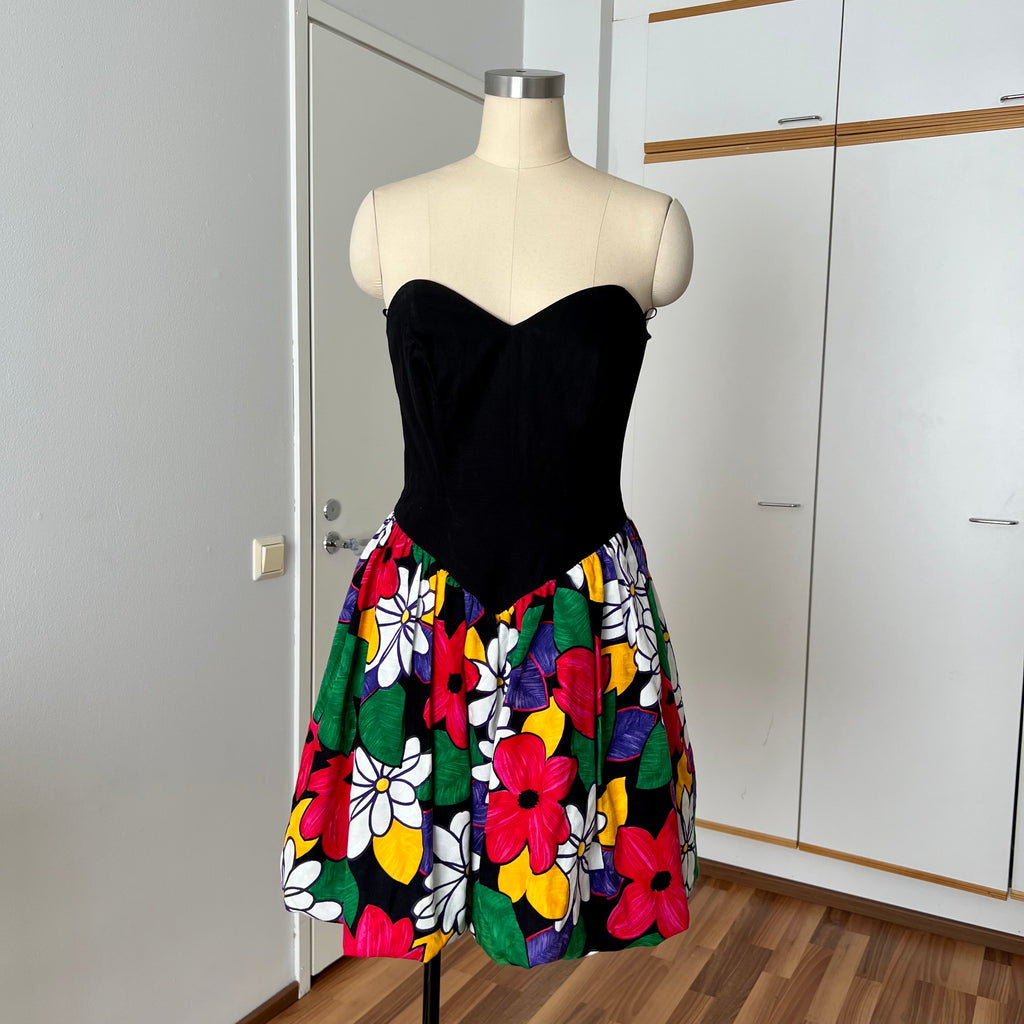 1980s AUGUSTAT Cotton Party Dress-Sweetheart Basque Waist Bubble Hem Dress