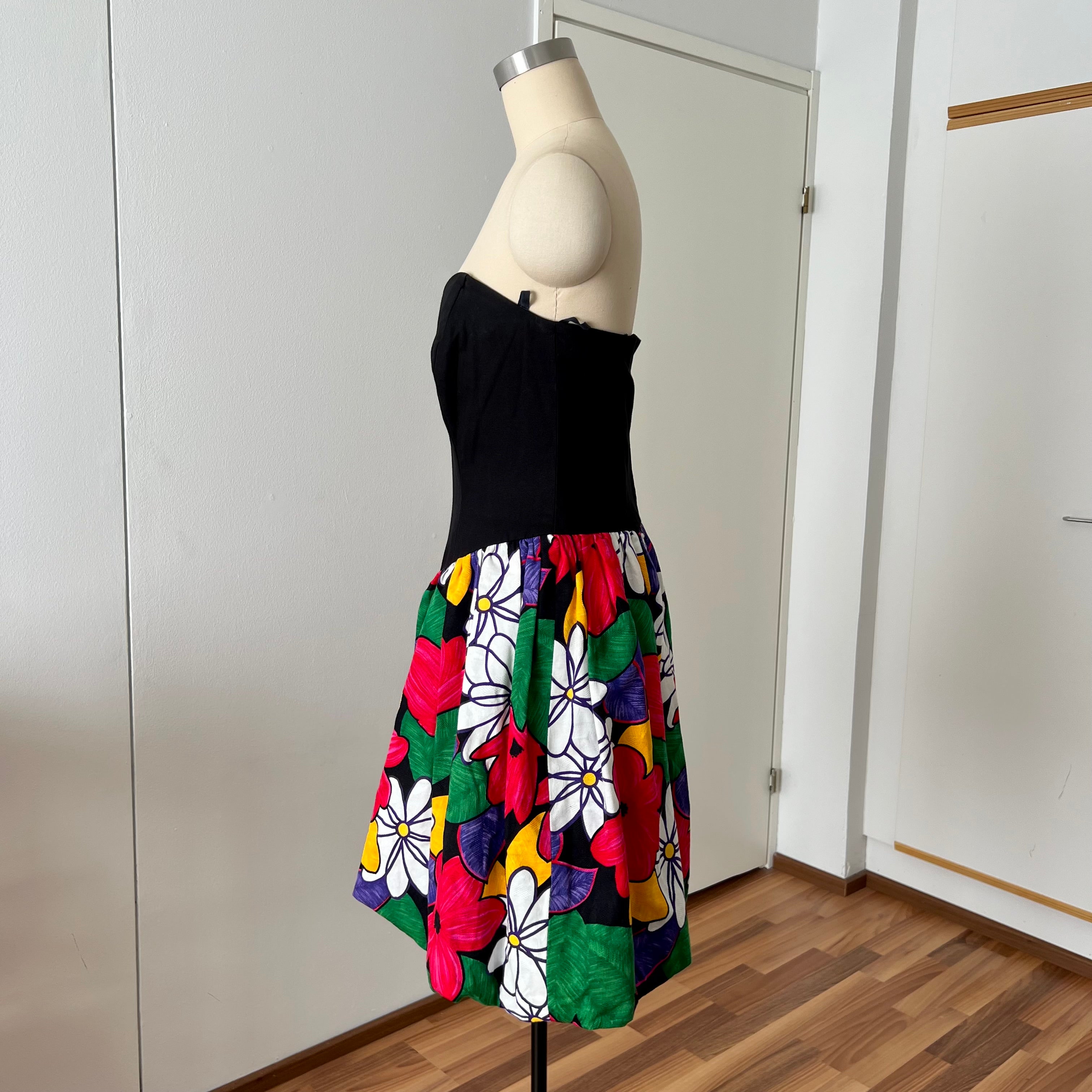 1980s AUGUSTAT Cotton Party Dress-Sweetheart Basque Waist Bubble Hem Dress