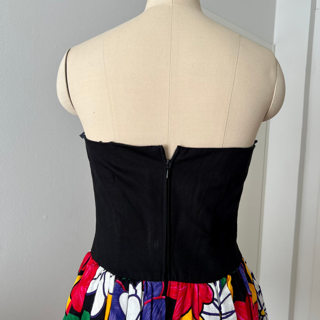 1980s AUGUSTAT Cotton Party Dress-Sweetheart Basque Waist Bubble Hem Dress