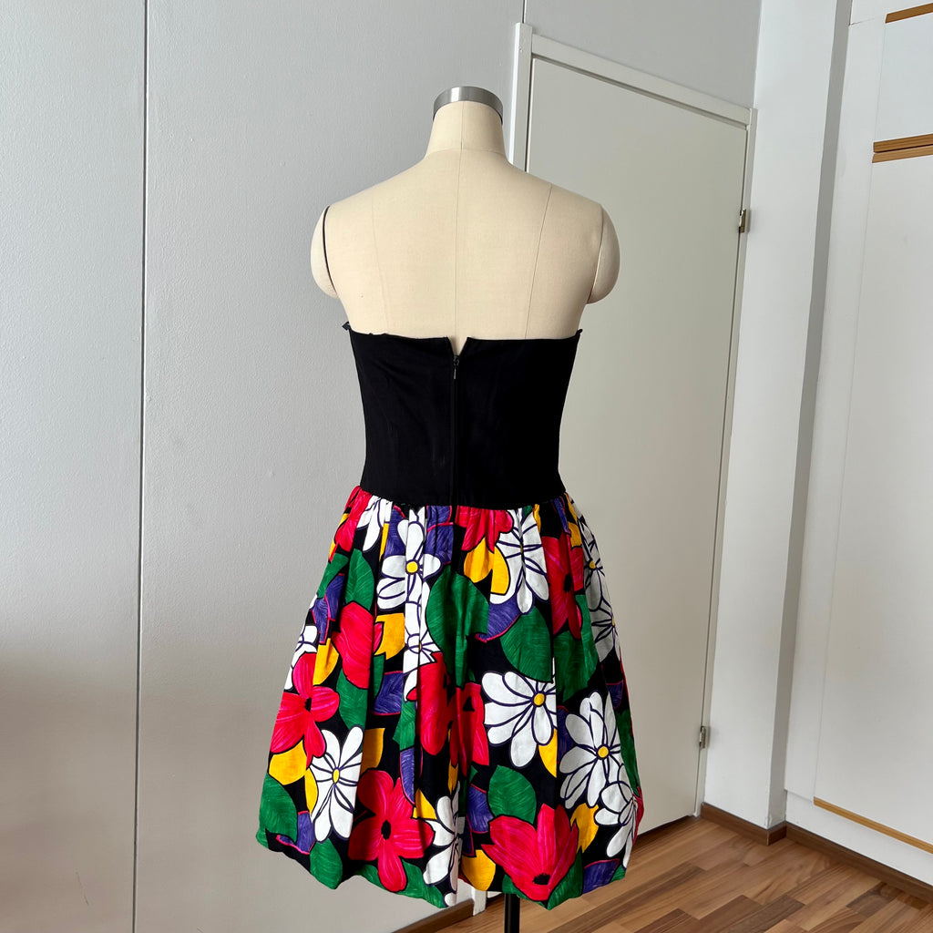 1980s AUGUSTAT Cotton Party Dress-Sweetheart Basque Waist Bubble Hem Dress