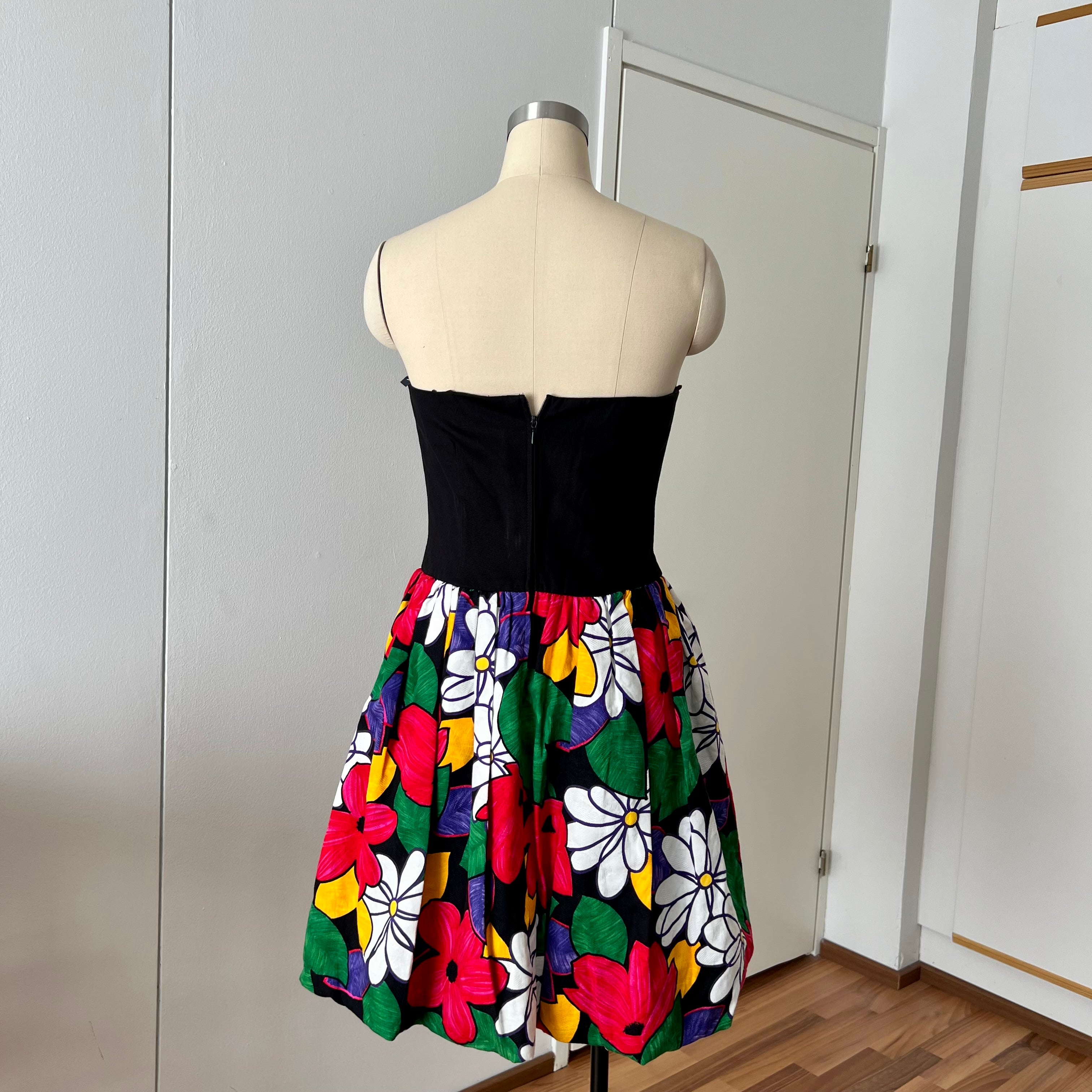 1980s AUGUSTAT Cotton Party Dress-Sweetheart Basque Waist Bubble Hem Dress