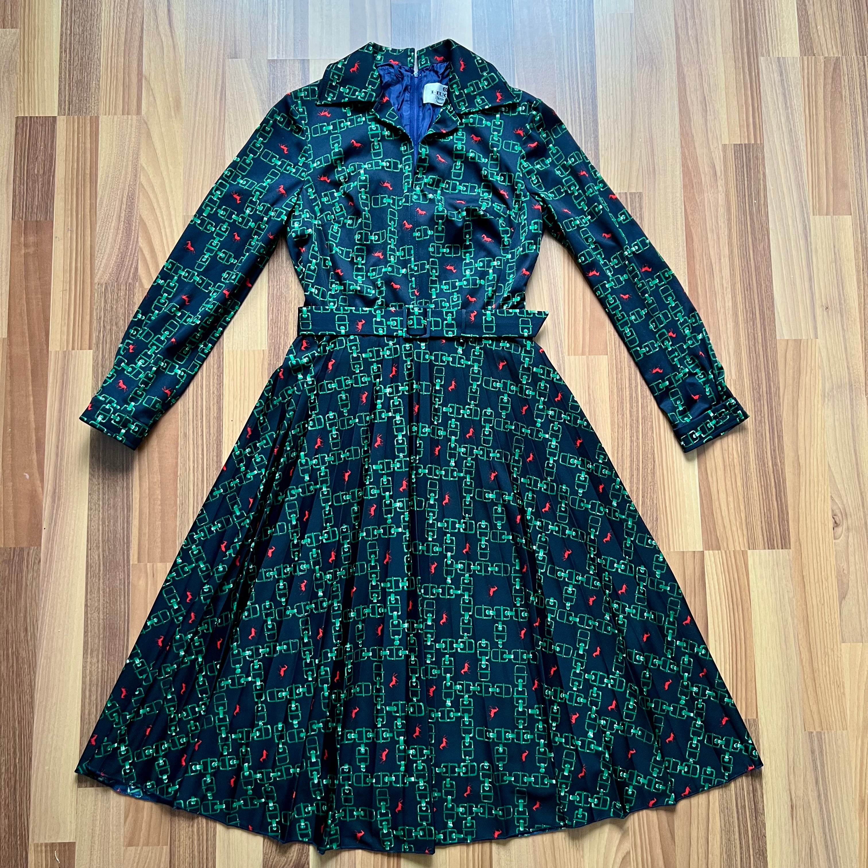 1970s Equestrian Pleated Midi Dress-Long Sleeves Belted Day Dress-