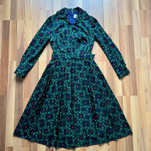 1970s Equestrian Pleated Midi Dress-Long Sleeves Belted Day Dress-