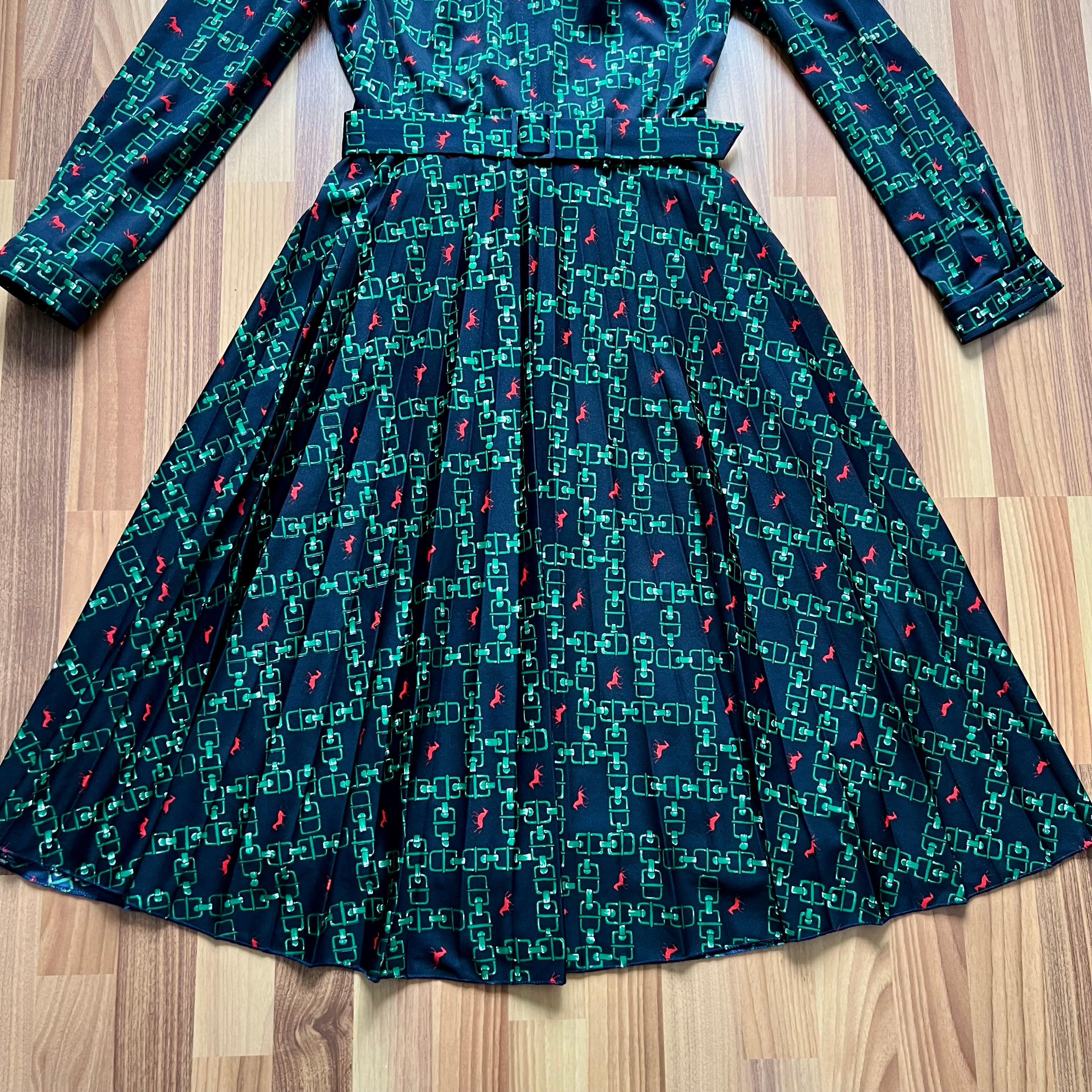 1970s Equestrian Pleated Midi Dress-Long Sleeves Belted Day Dress EU 38