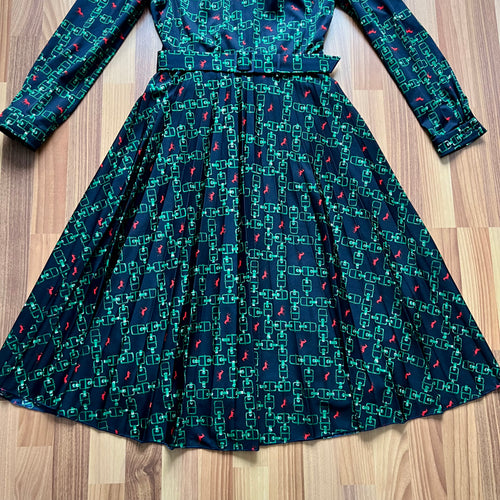 1970s Equestrian Pleated Midi Dress-Long Sleeves Belted Day Dress EU 38