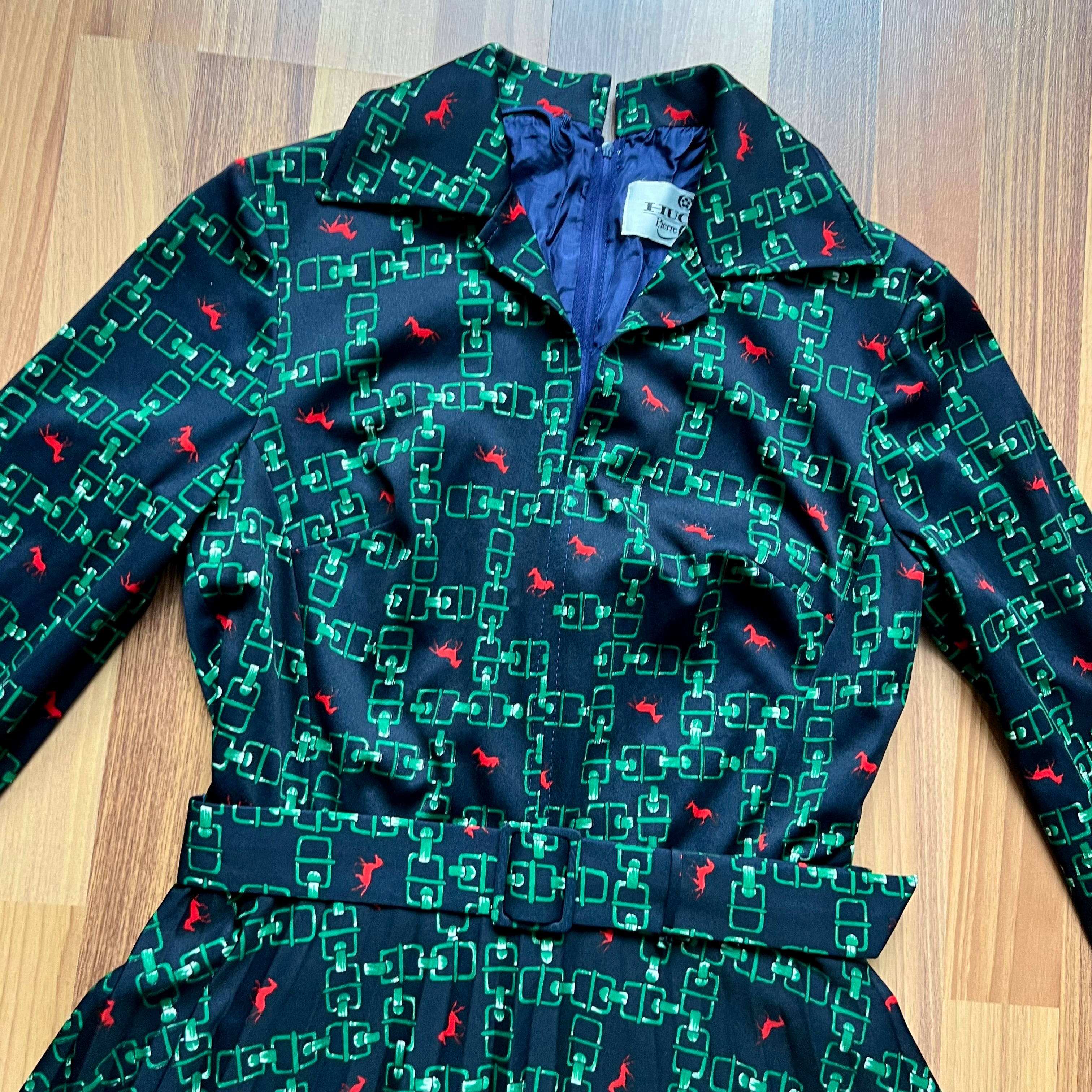 1970s Equestrian Pleated Midi Dress-Long Sleeves Belted Day Dress EU 38