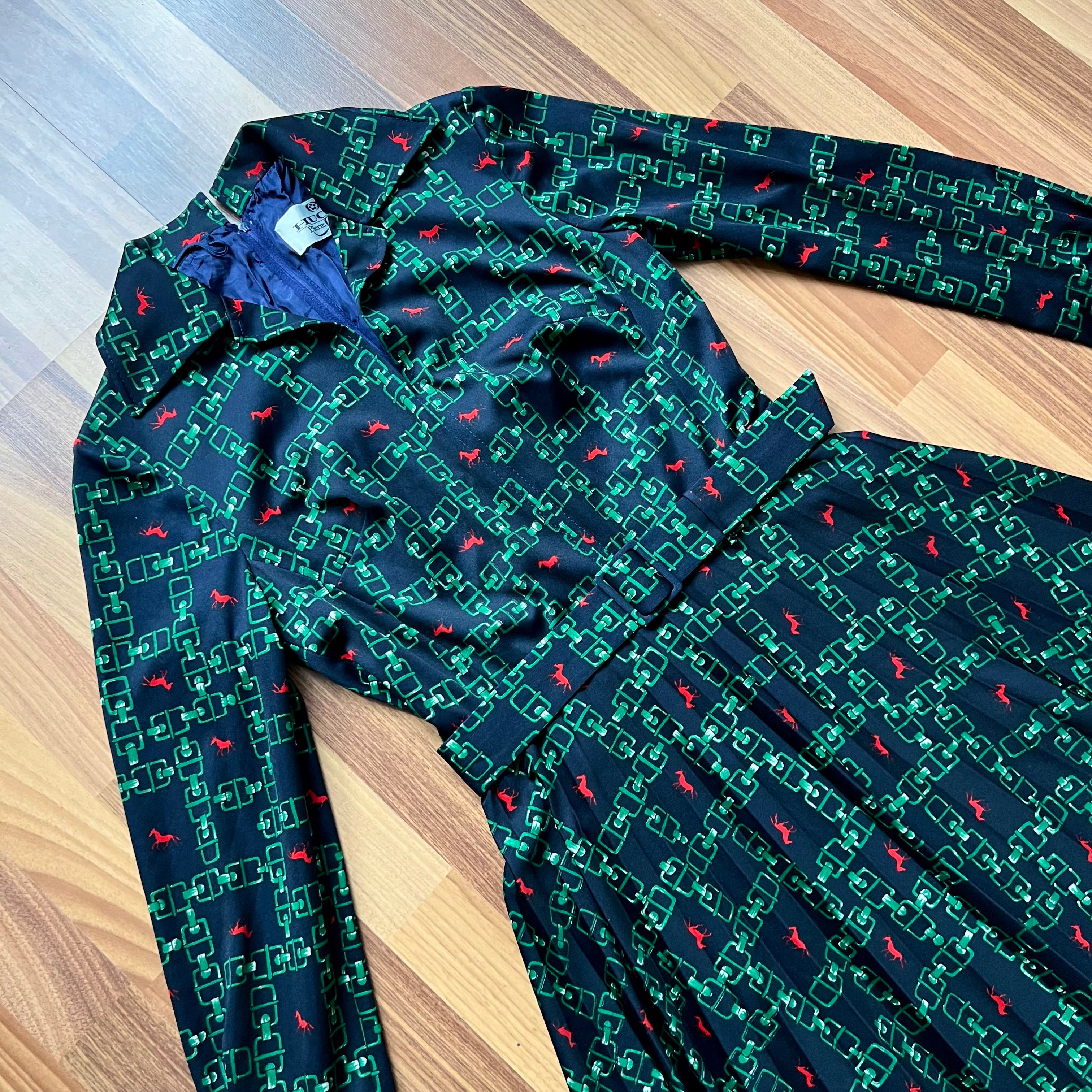 1970s Equestrian Pleated Midi Dress-Long Sleeves Belted Day Dress EU 38