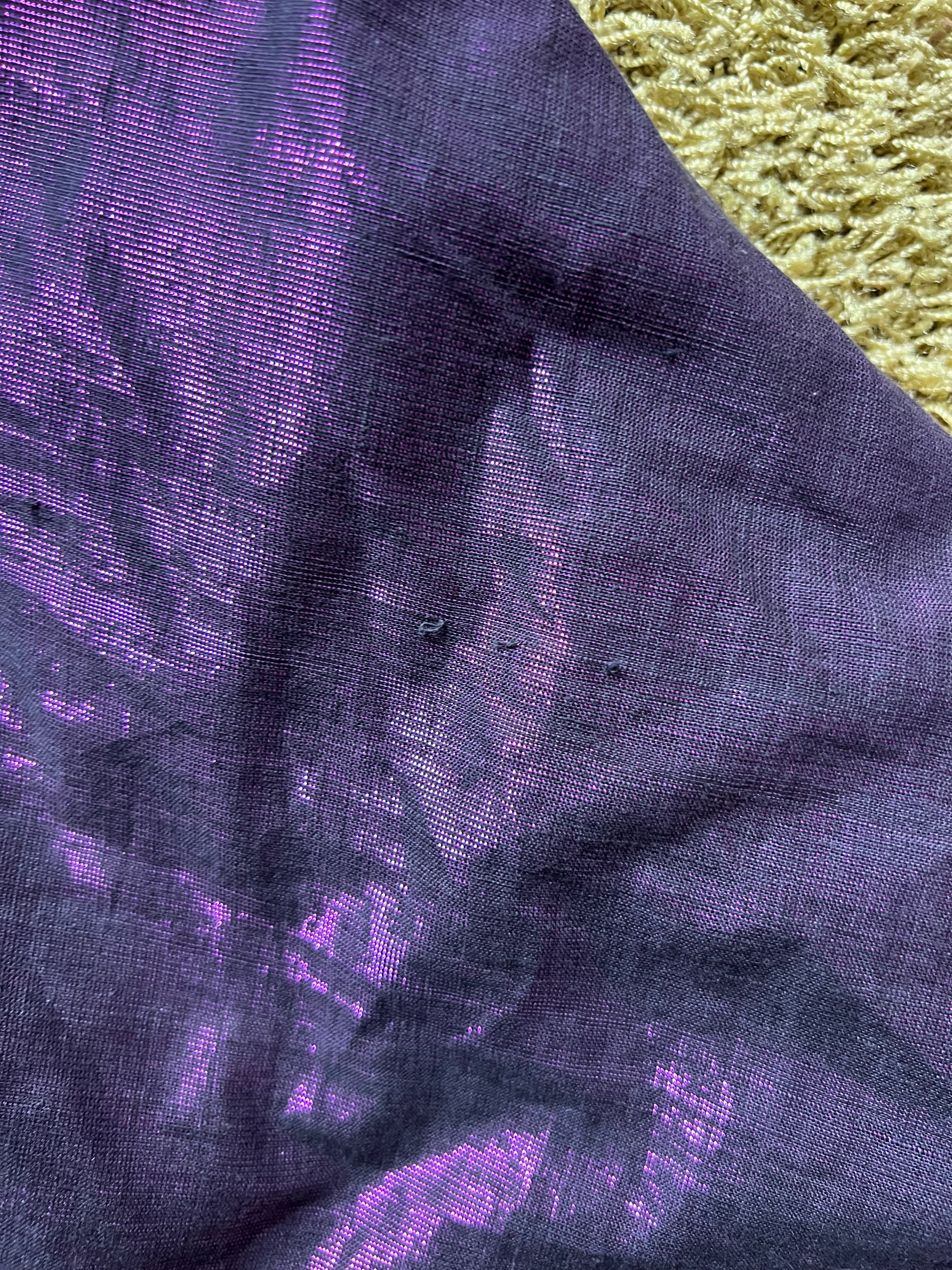 1980s Purple Lame Cocktail Dress-Metallic Cotton Blend Pleated Gown Off Shoulder