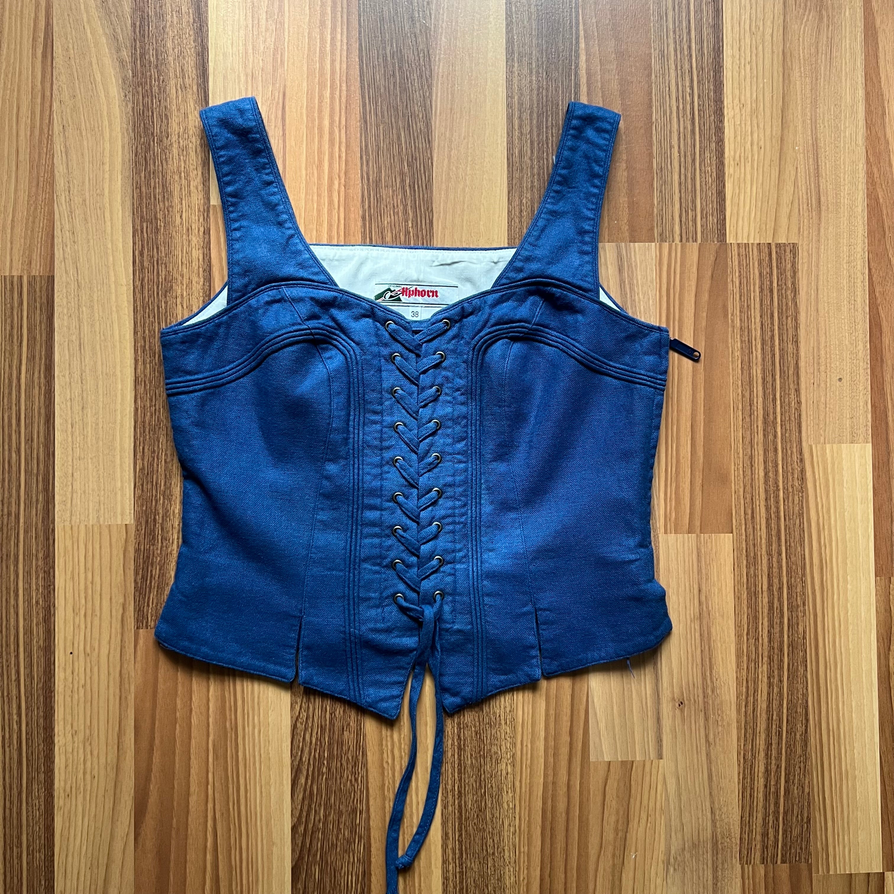 1980s Alphorn Blue Trachten Bodice Bavarian Folk Linen Blend Dirndl Corset Top EU 38
