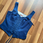 1980s Alphorn Blue Trachten Bodice Bavarian Folk Linen Blend Dirndl Corset Top EU 38