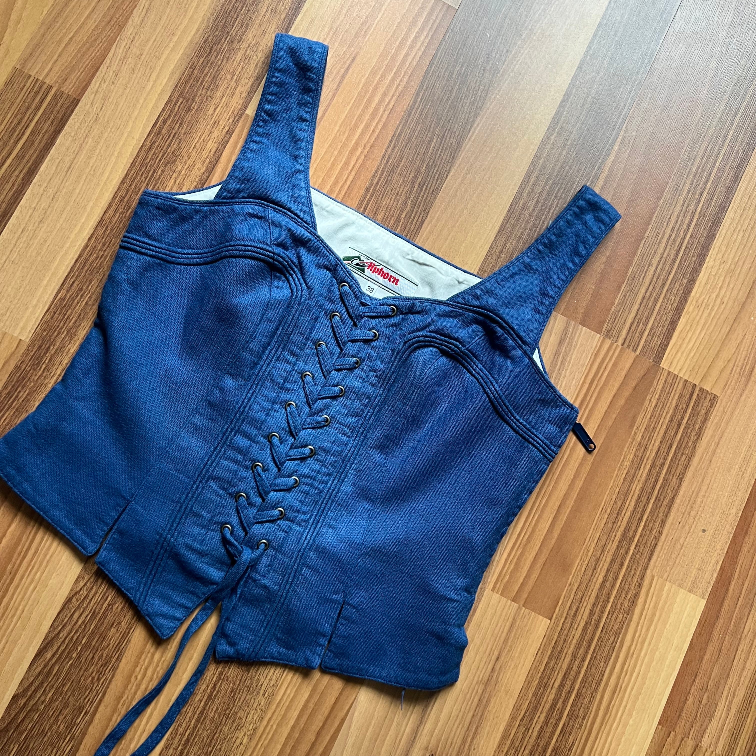1980s Alphorn Blue Trachten Bodice Bavarian Folk Linen Blend Dirndl Corset Top EU 38