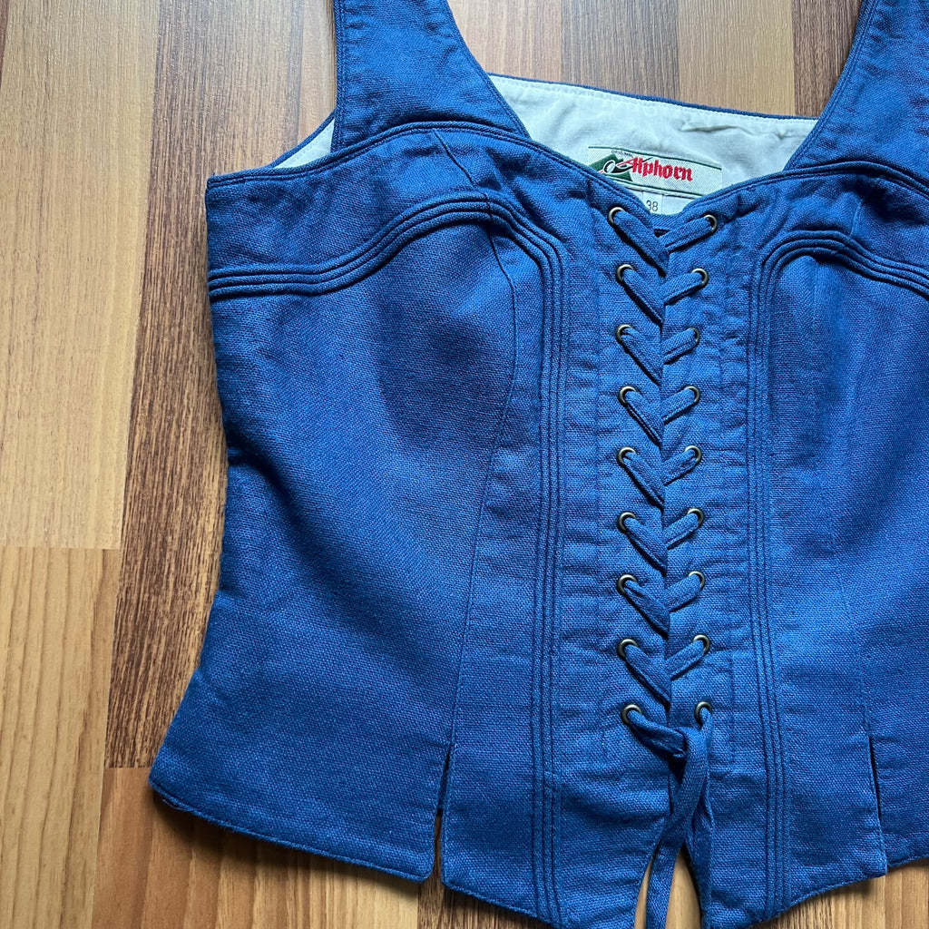 1980s Alphorn Blue Trachten Bodice Bavarian Folk Linen Blend Dirndl Corset Top EU 38