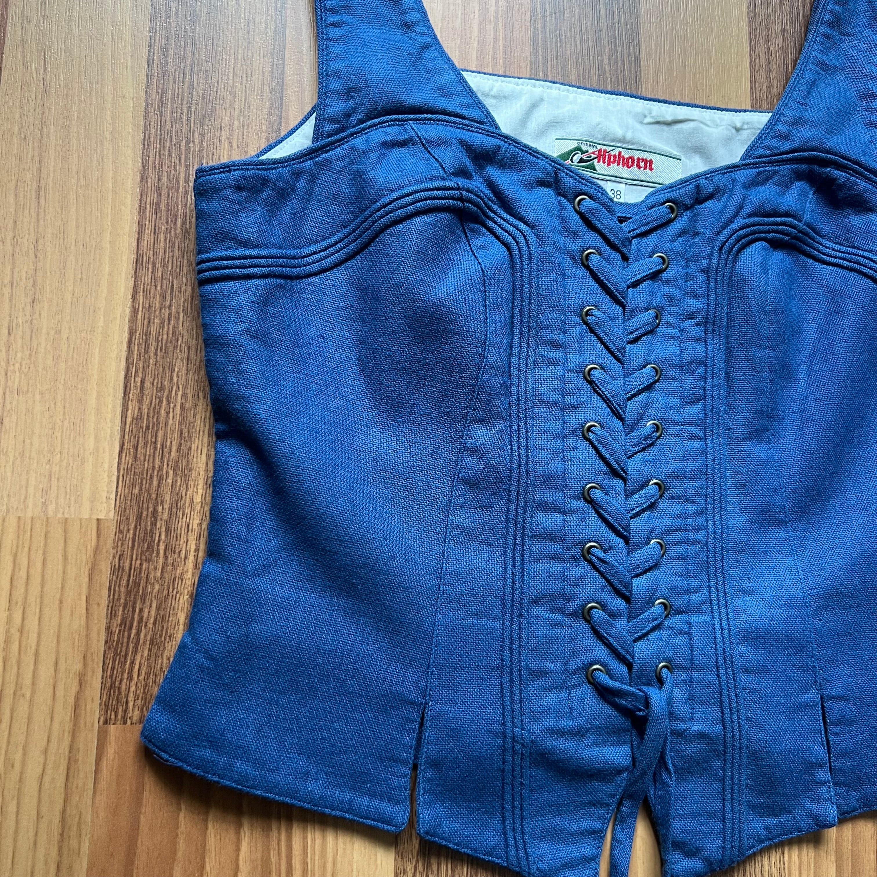 1980s Alphorn Blue Trachten Bodice Bavarian Folk Linen Blend Dirndl Corset Top EU 38